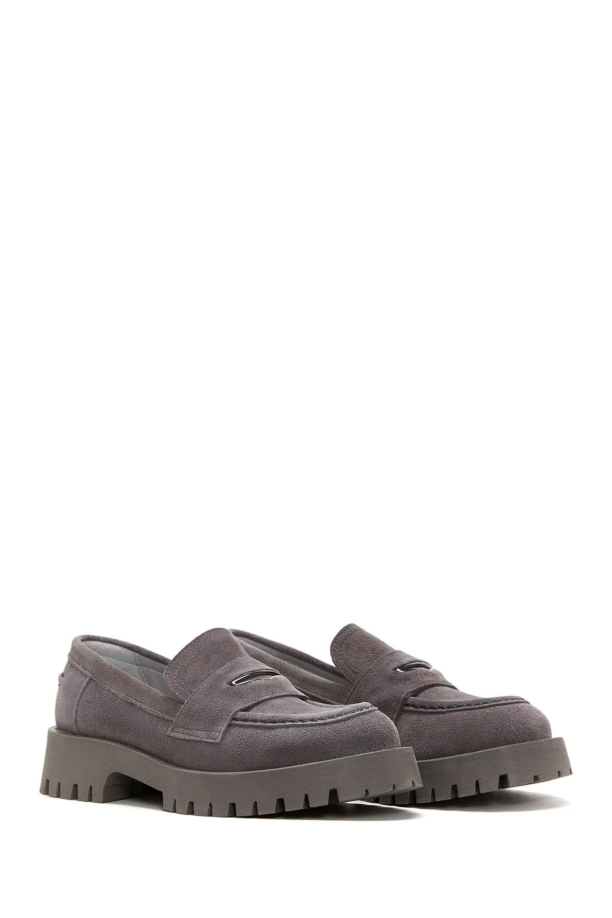 Kadın Gri Deri Süet Maskülen Loafer - Image 3