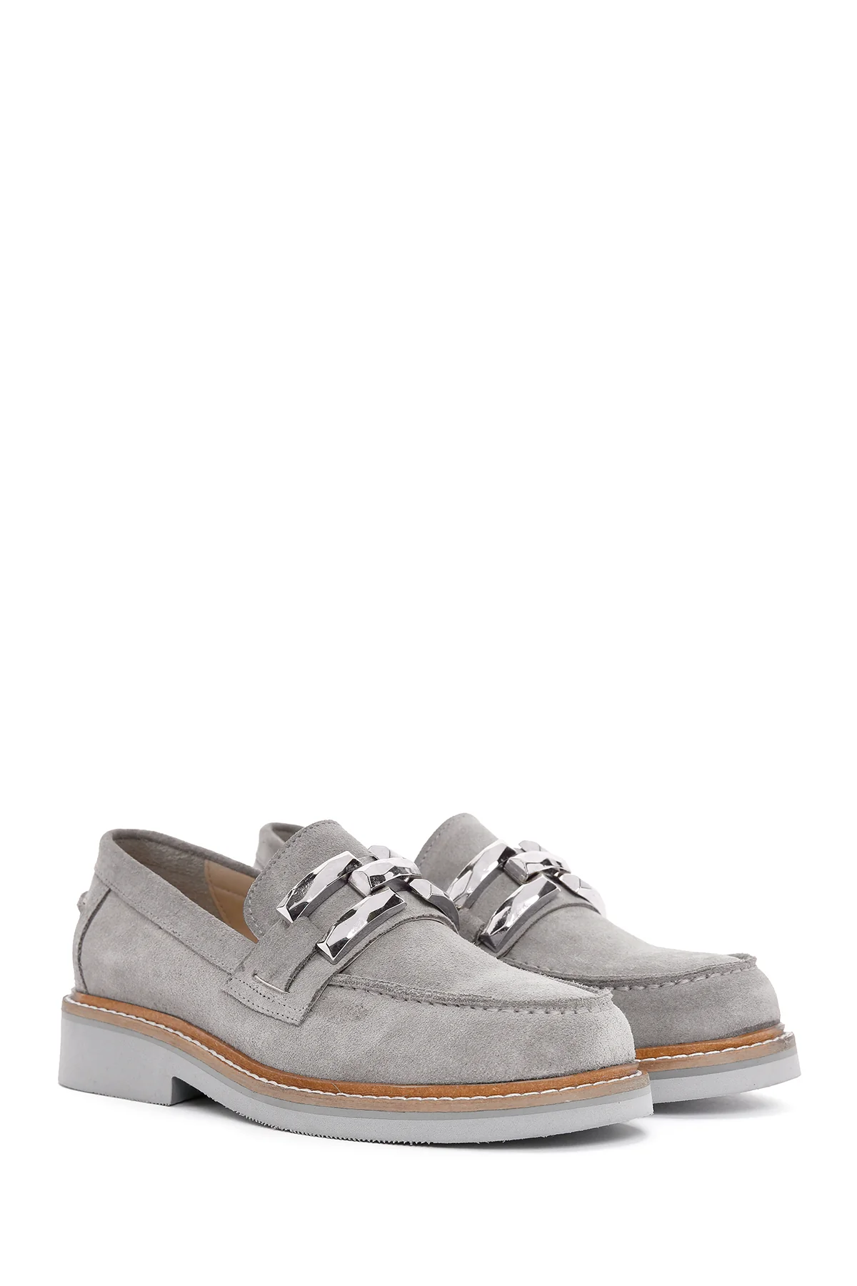 Kadın Gri Süet Deri Maskülen Loafer - Image 3