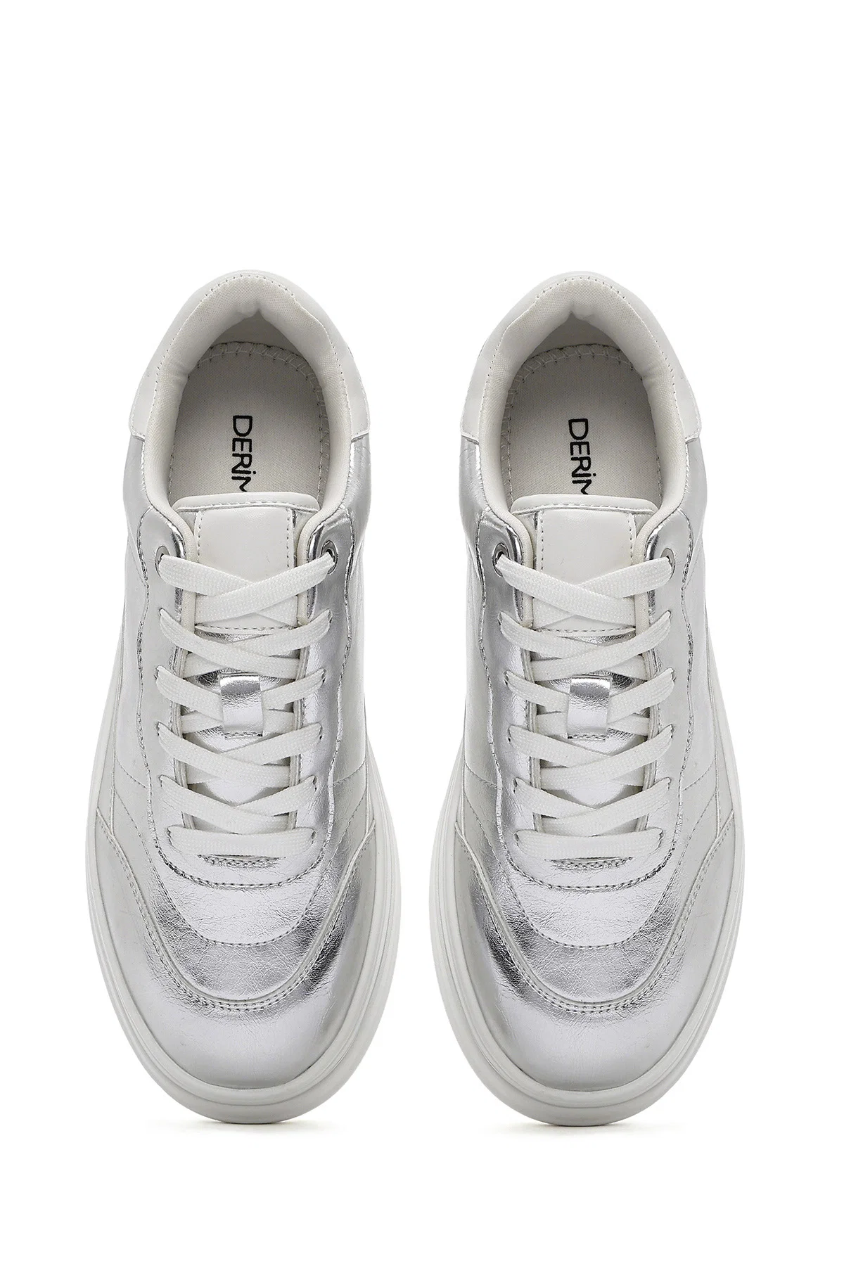 Kadın Gümüş Bağcıklı Kalın Tabanlı Metalik Sneaker - Image 7