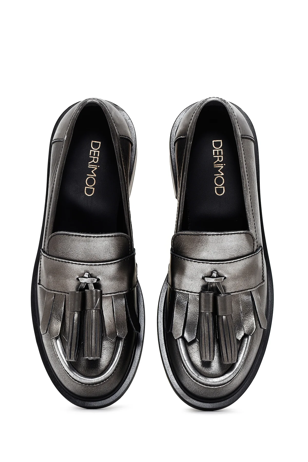 Kadın Gümüş Deri Püsküllü Maskülen Loafer - Image 6