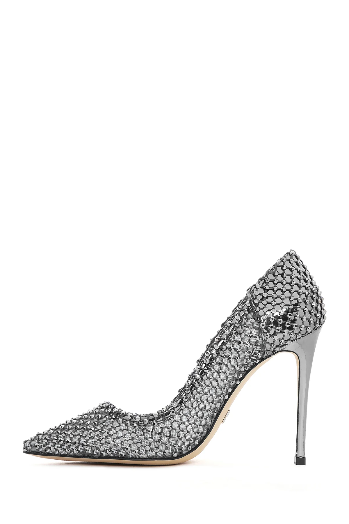 Kadın Gümüş Taşlı Yüksek İnce Topuklu Deri Stiletto - Image 4