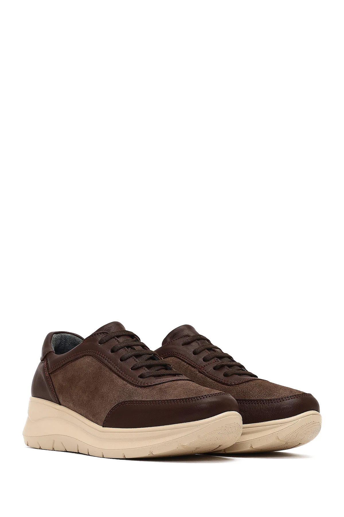 Kadın Kahverengi Bağcıklı Kalın Tabanlı Deri Sneaker - Image 3