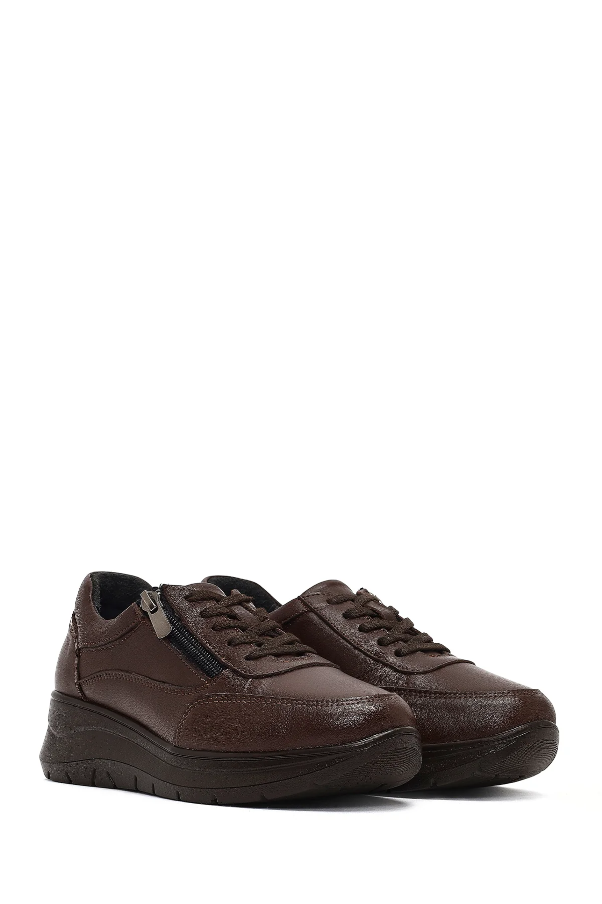 Kadın Kahverengi Bağcıklı Kalın Tabanlı Deri Sneaker - Image 3