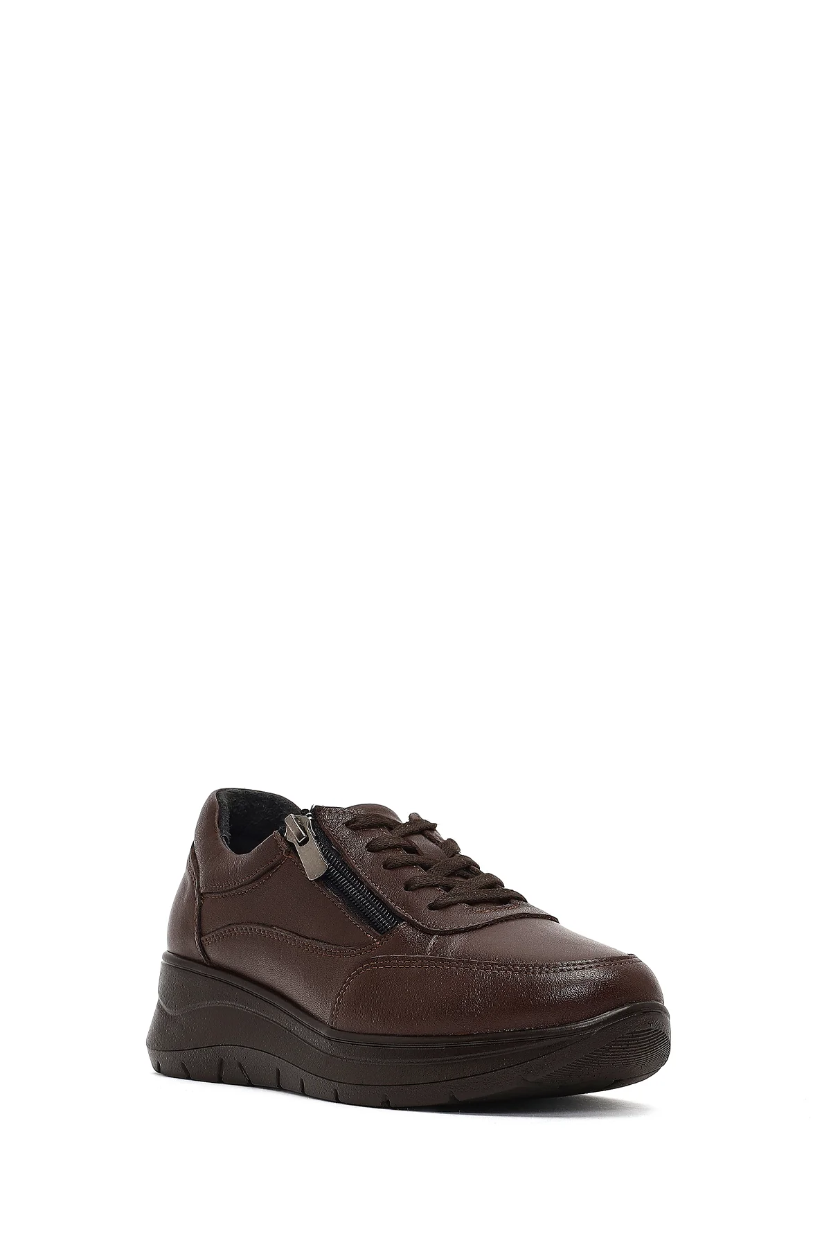 Kadın Kahverengi Bağcıklı Kalın Tabanlı Deri Sneaker - Image 6