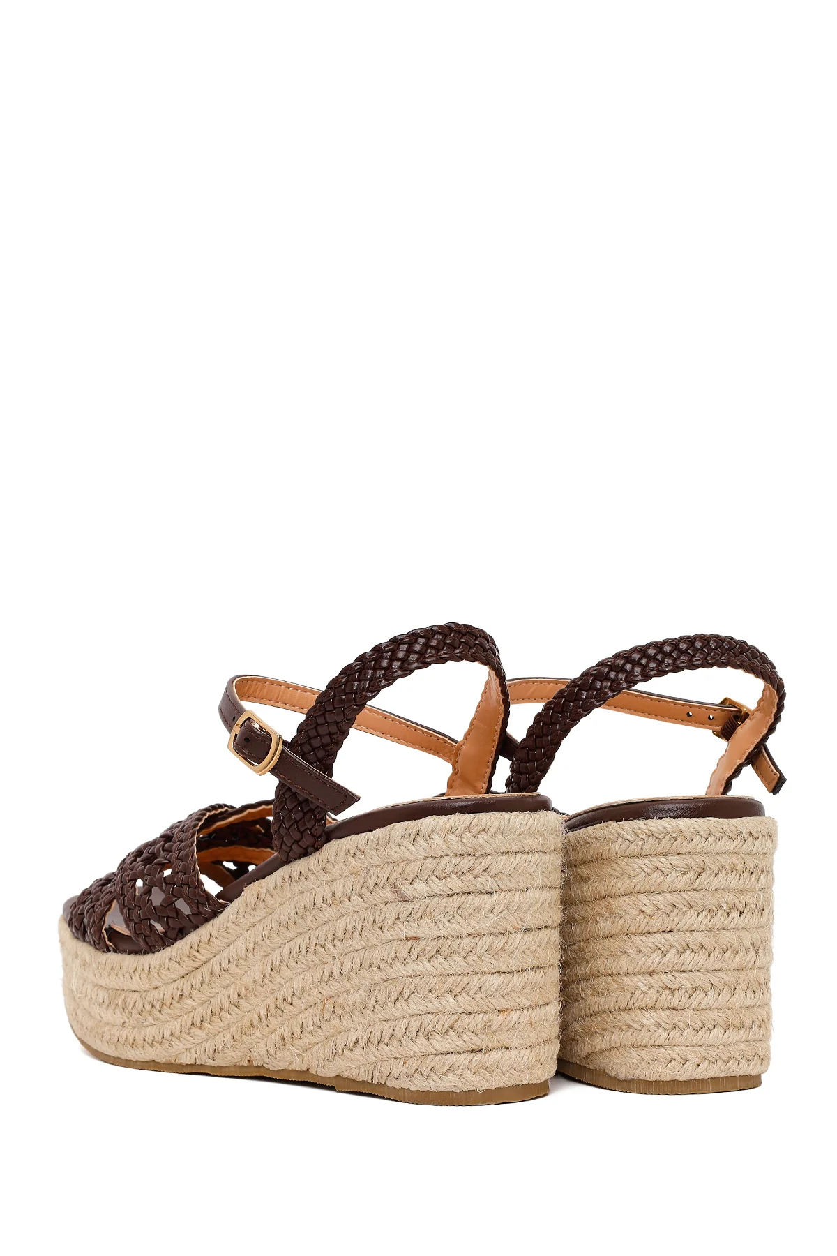 Kadın Kahverengi Bilekten Tokalı Örgülü Dolgu Topuklu Espadril Sandalet - Image 7