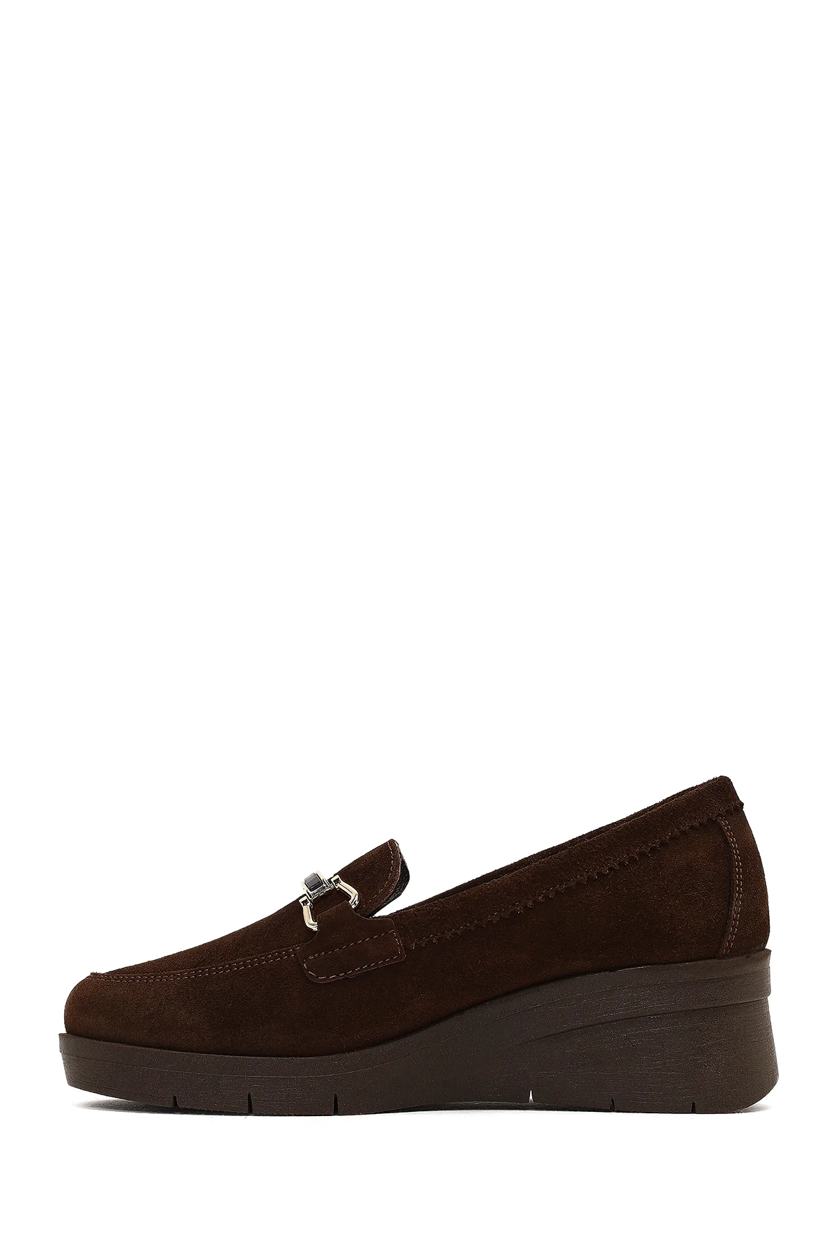 Kadın Kahverengi Tokalı Dolgu Topuklu Süet Deri Comfort Loafer - Image 2
