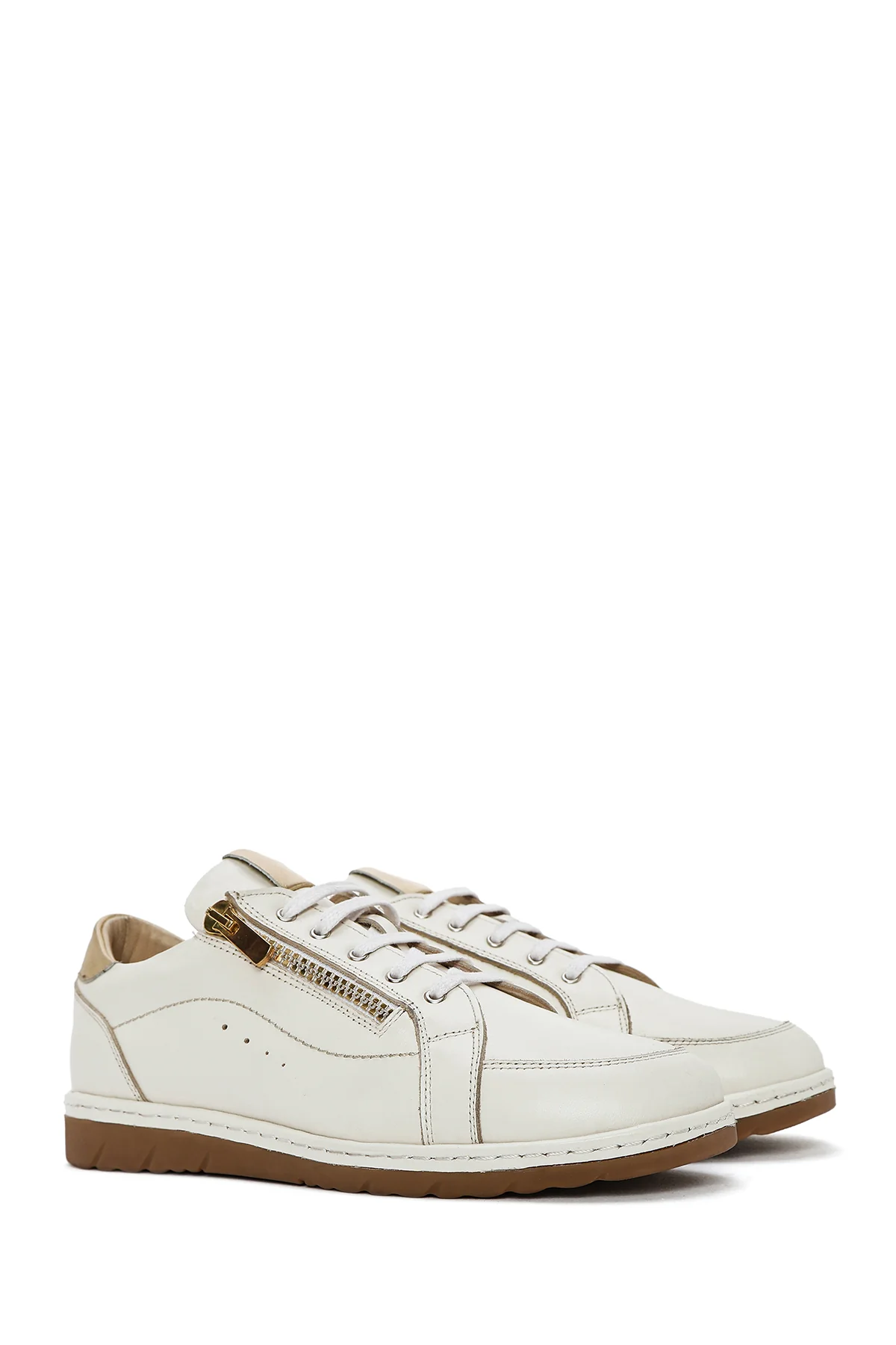 Kadın Krem Bağcıklı Deri Sneaker - Image 2
