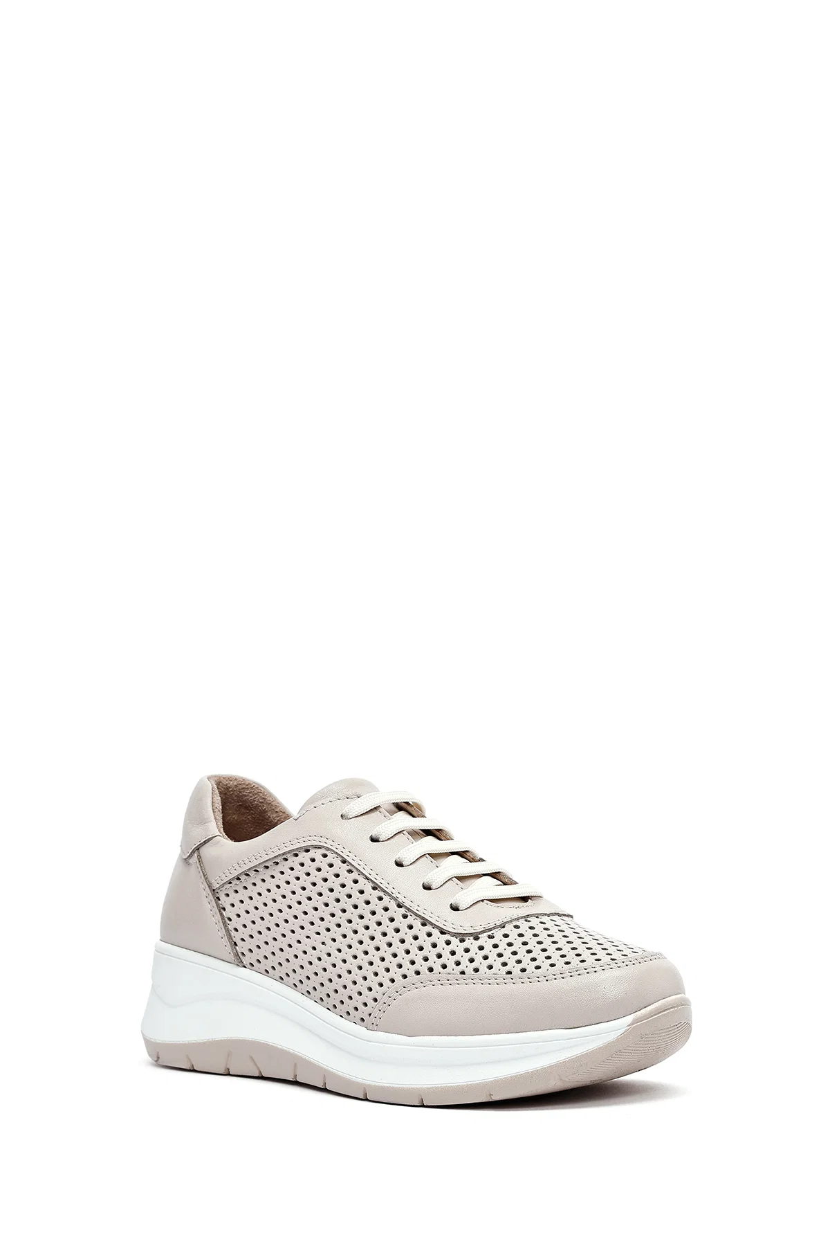 Kadın Krem Bağcıklı Kalın Tabanlı Deri Sneaker - Image 6