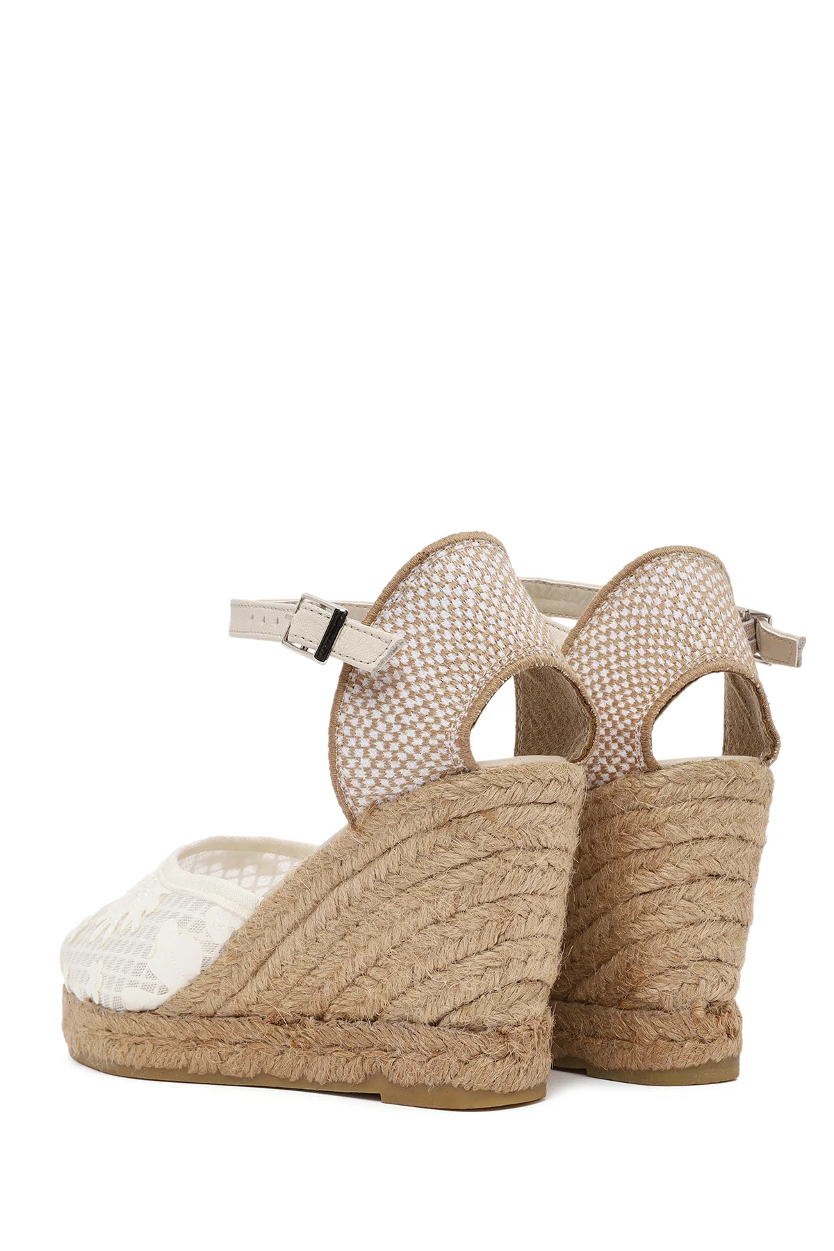 Kadın Krem Bilekten Bantlı Desenli Dolgu Topuklu Espadril - Image 6