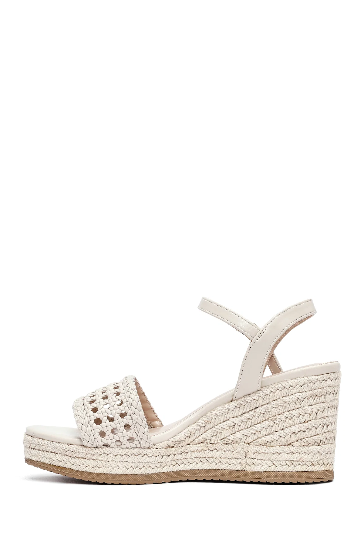 Kadın Krem Bilekten Tokalı Örgülü Dolgu Topuklu Espadril Sandalet - Image 4