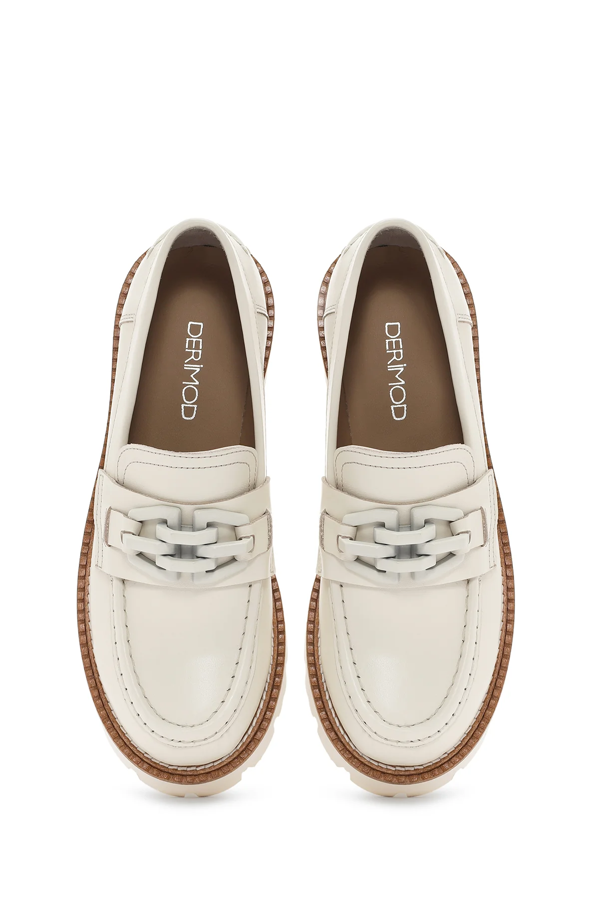 Kadın Krem Deri Maskülen Loafer - Image 7
