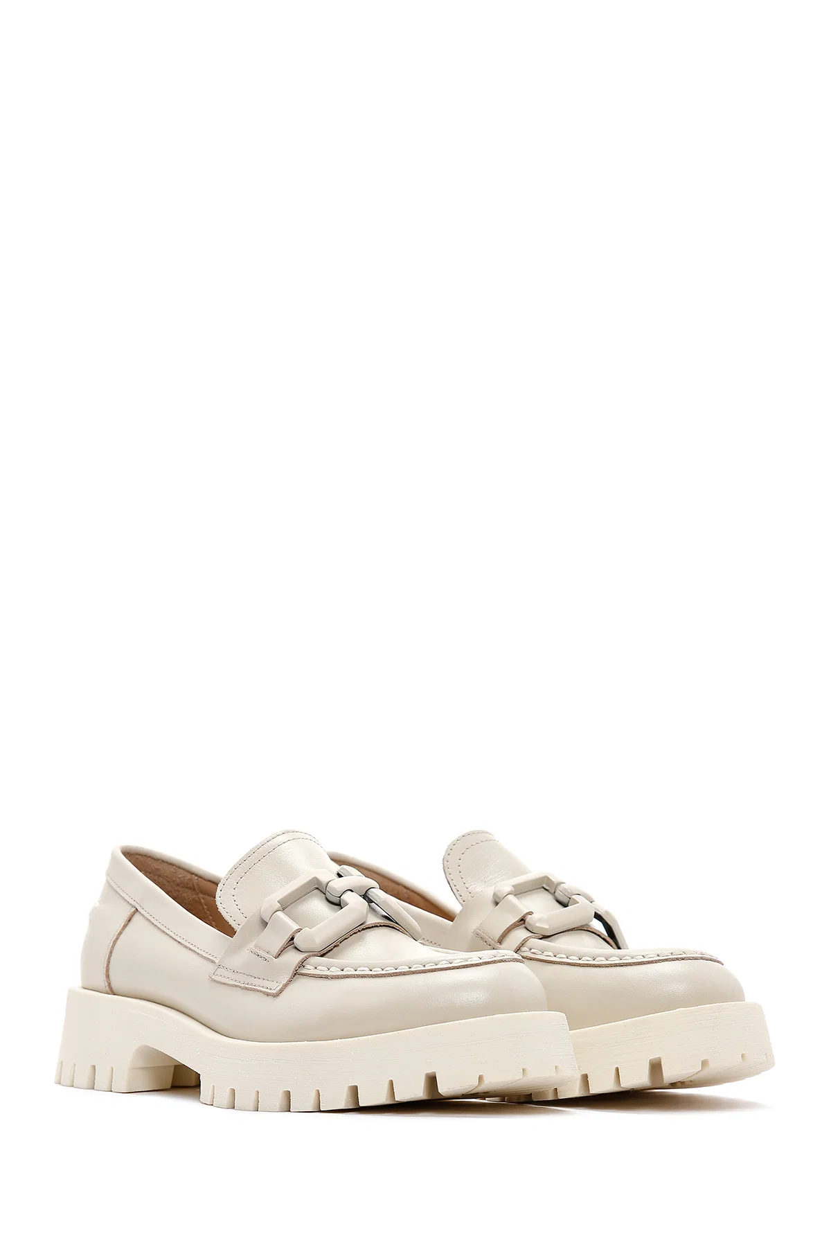 Kadın Krem Deri Maskülen Loafer - Image 3