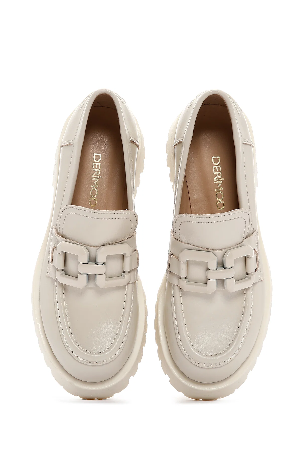 Kadın Krem Deri Maskülen Loafer - Image 6