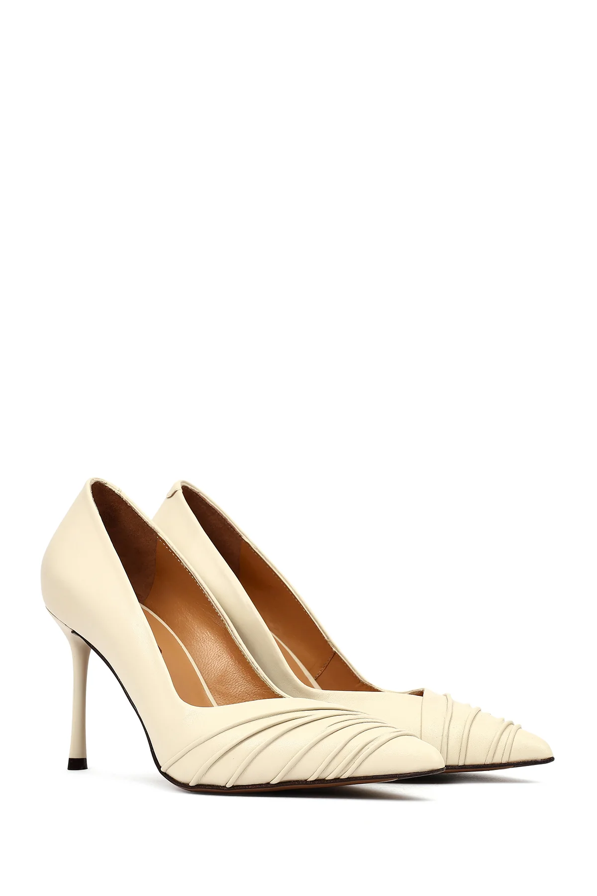 Kadın Krem İnce Topuklu Deri Stiletto - Image 3
