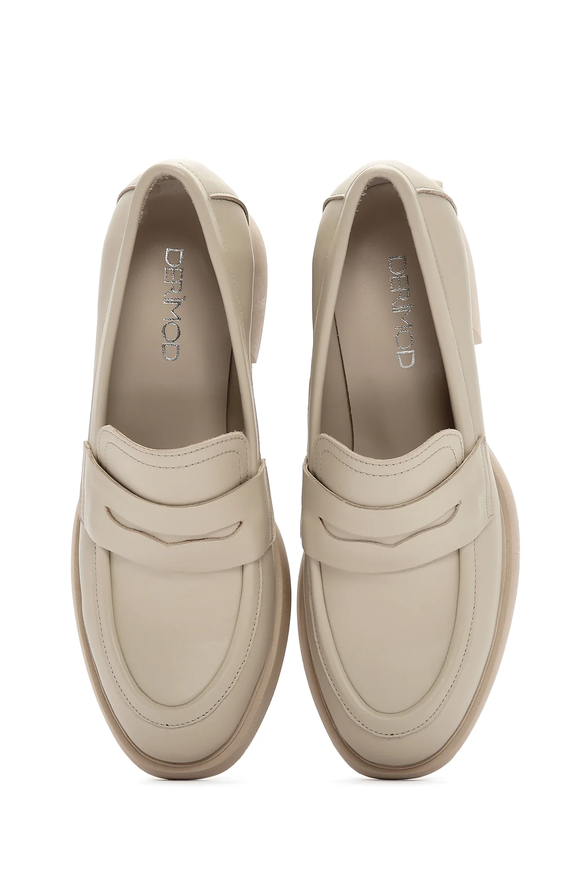 Kadın Krem Kalın Topuklu Deri Maskülen Loafer - Image 8