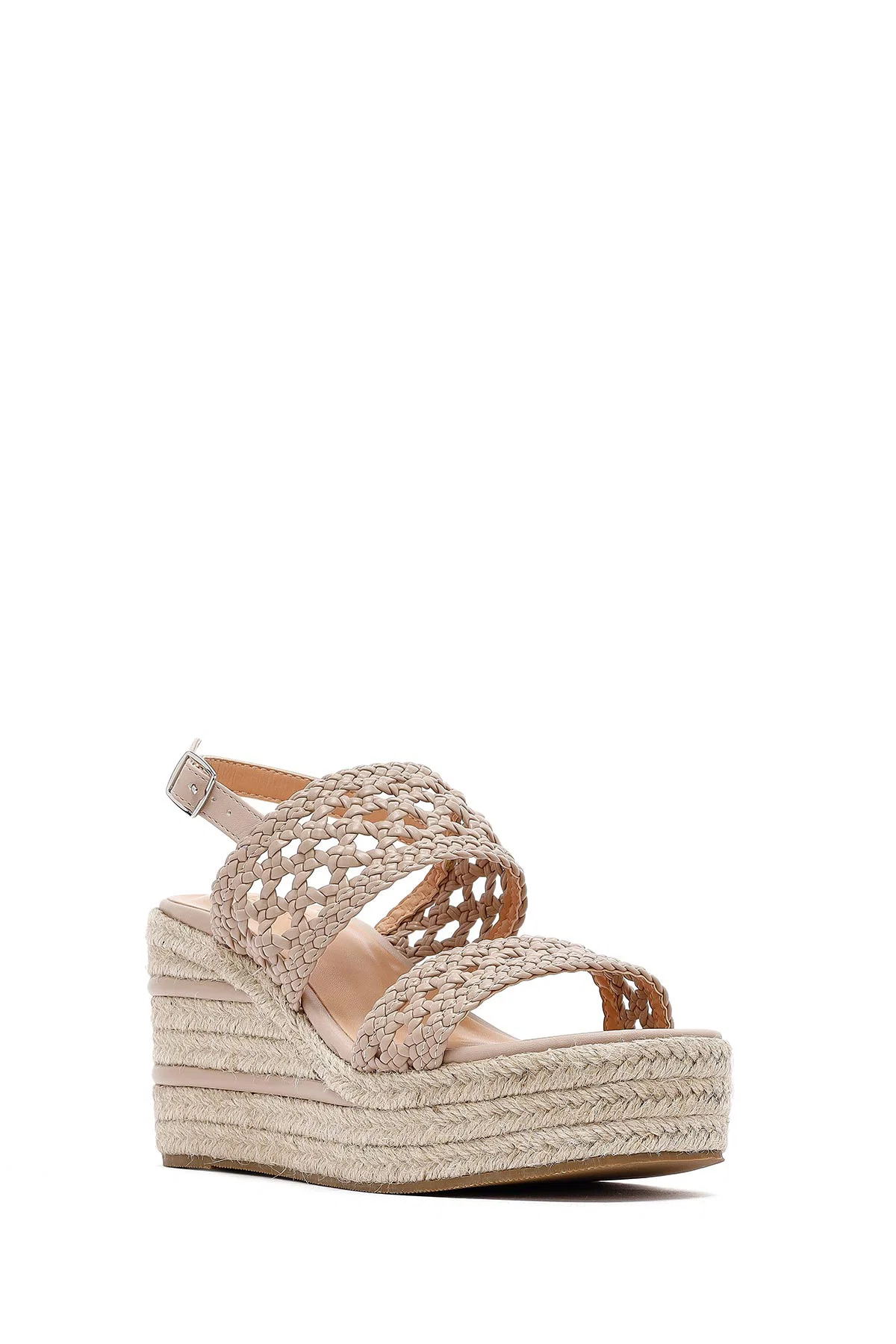 Kadın Krem Örgü Bilekten Tokalı Dolgu Topuklu Espadril Sandalet - Image 7