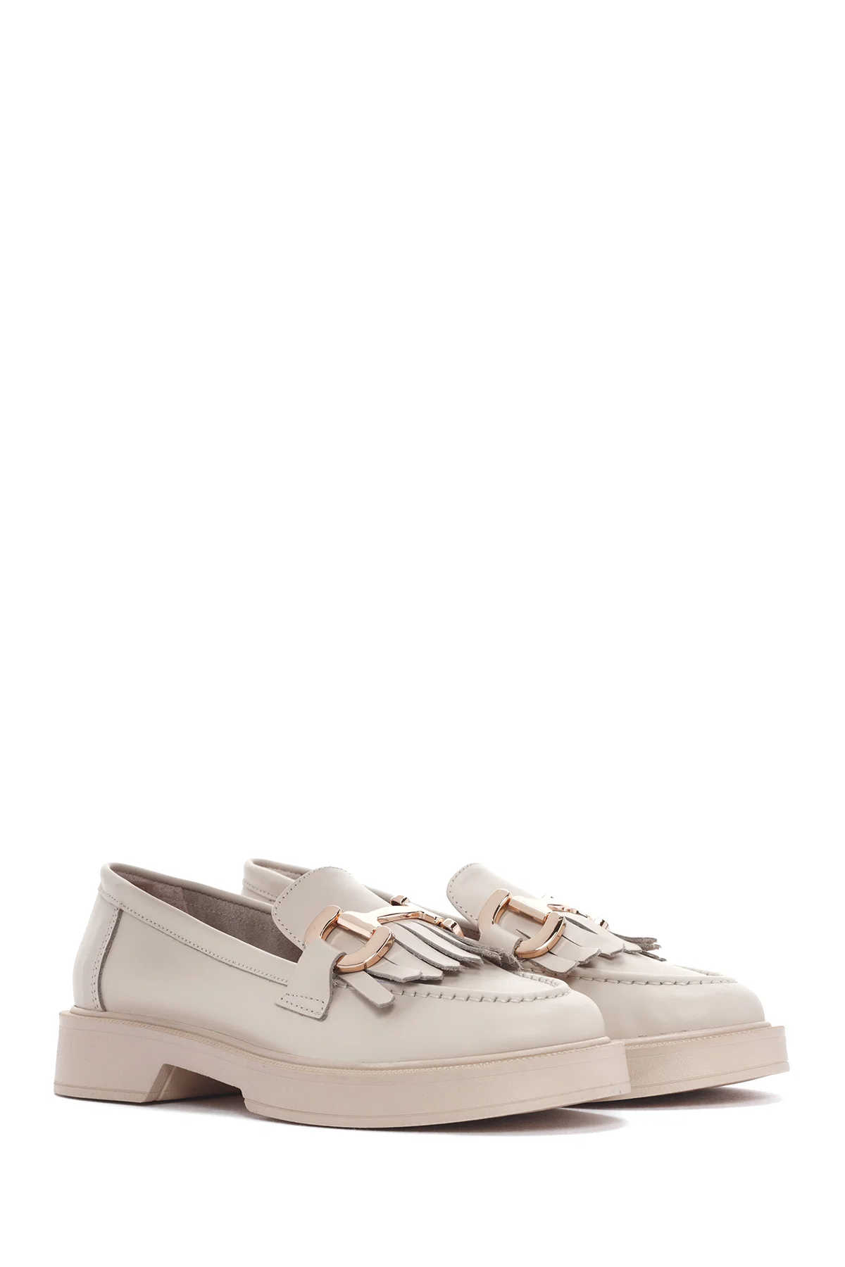 Kadın Krem Püsküllü Deri Casual Loafer - Image 3
