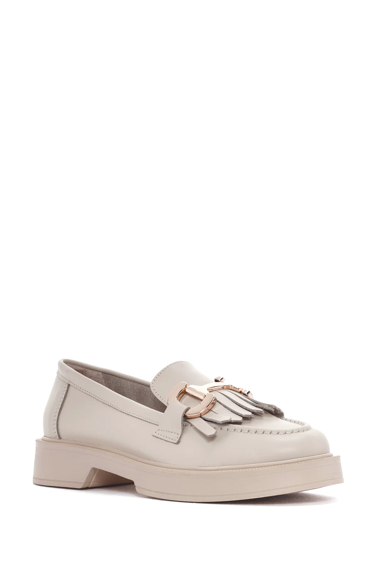 Kadın Krem Püsküllü Deri Casual Loafer - Image 7