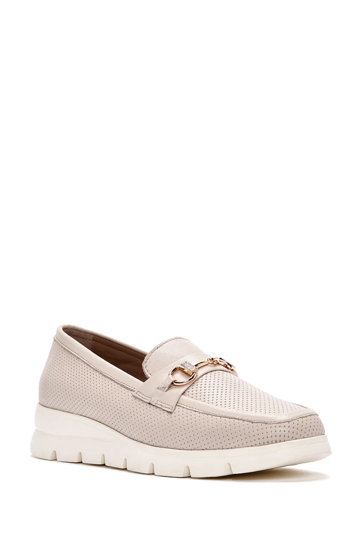 Kadın Krem Tokalı Deri Comfort Loafer - Image 6