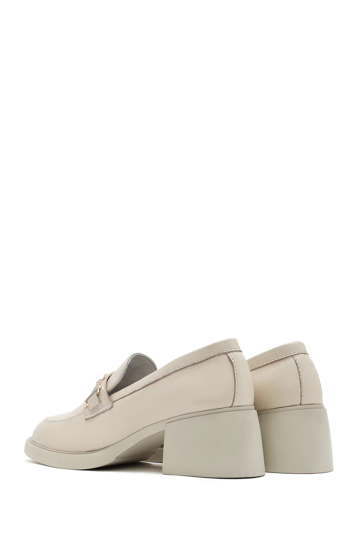 Kadın Krem Tokalı Kısa Kalın Topuklu Deri Maskülen Loafer - Image 6