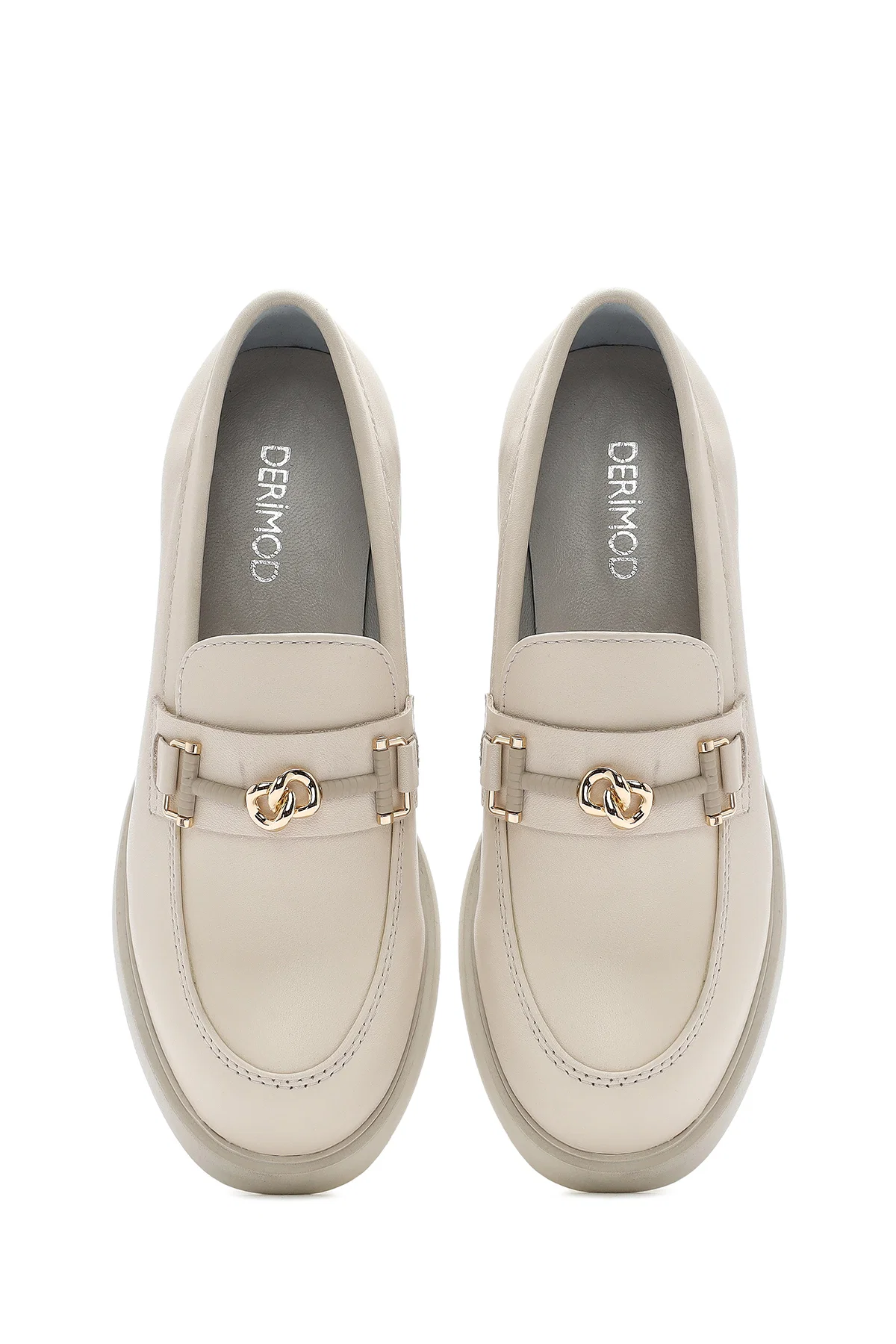 Kadın Krem Tokalı Kısa Kalın Topuklu Deri Maskülen Loafer - Image 8