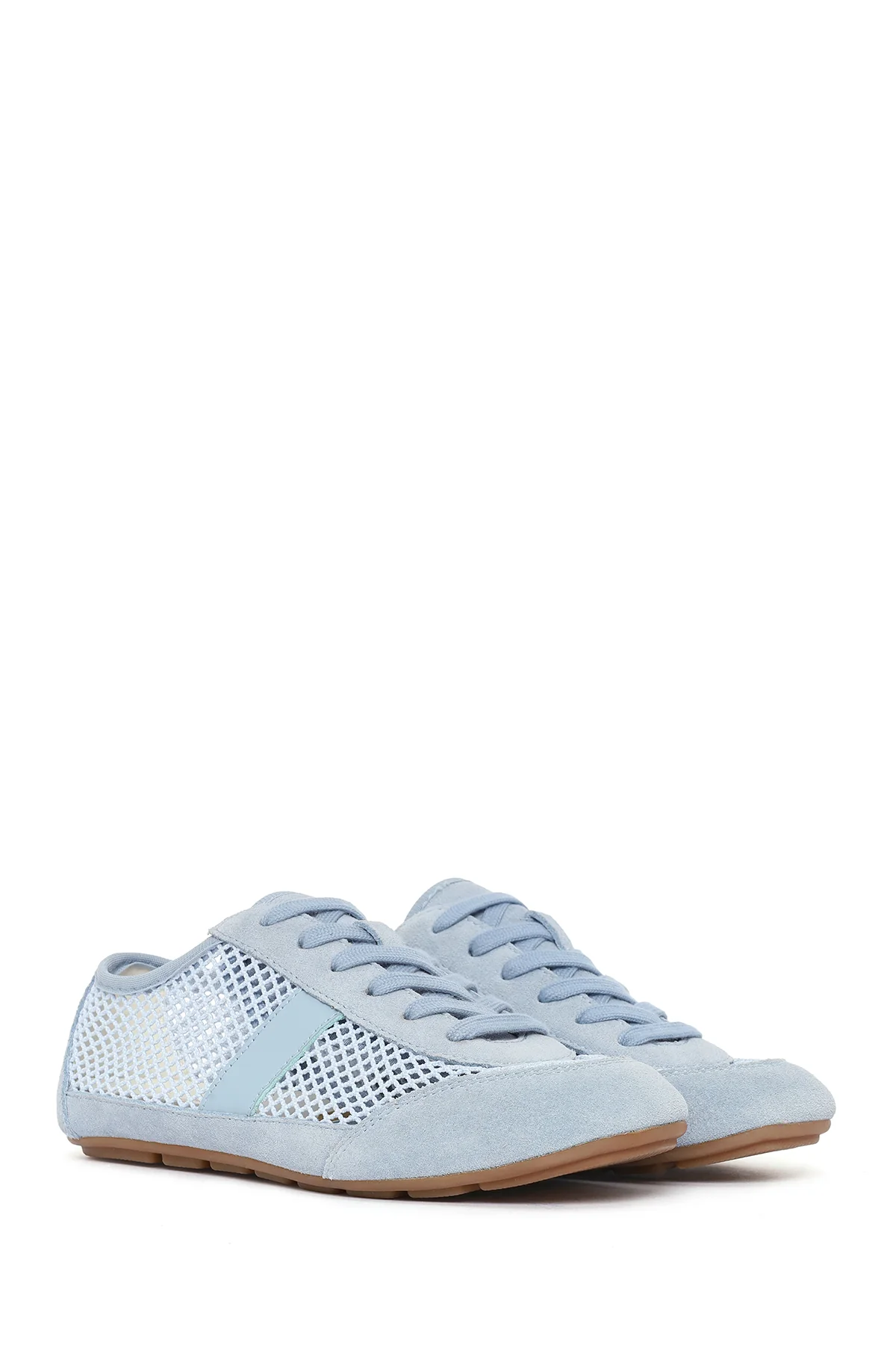 Kadın Mavi Bağcıklı Fileli Deri Sneaker - Image 2