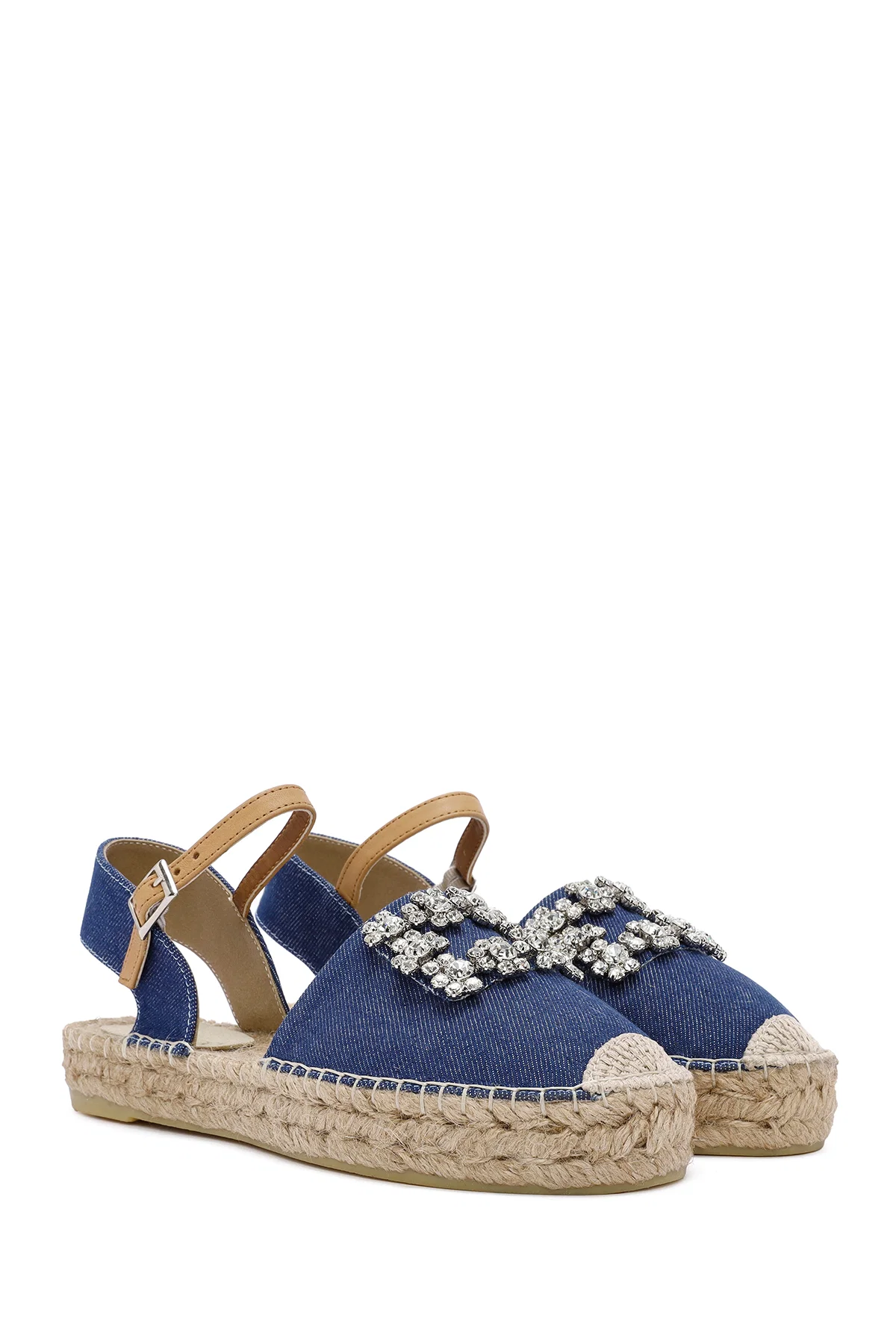 Kadın Mavi Bilekten Tokalı Jean Kumaş Taşlı Espadril Sandalet - Image 3