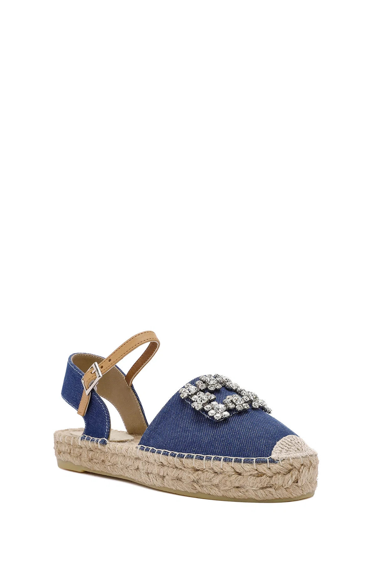 Kadın Mavi Bilekten Tokalı Jean Kumaş Taşlı Espadril Sandalet - Image 6
