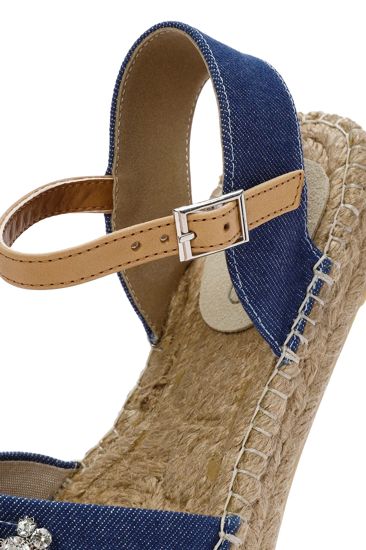 Kadın Mavi Bilekten Tokalı Jean Kumaş Taşlı Espadril Sandalet - Image 8