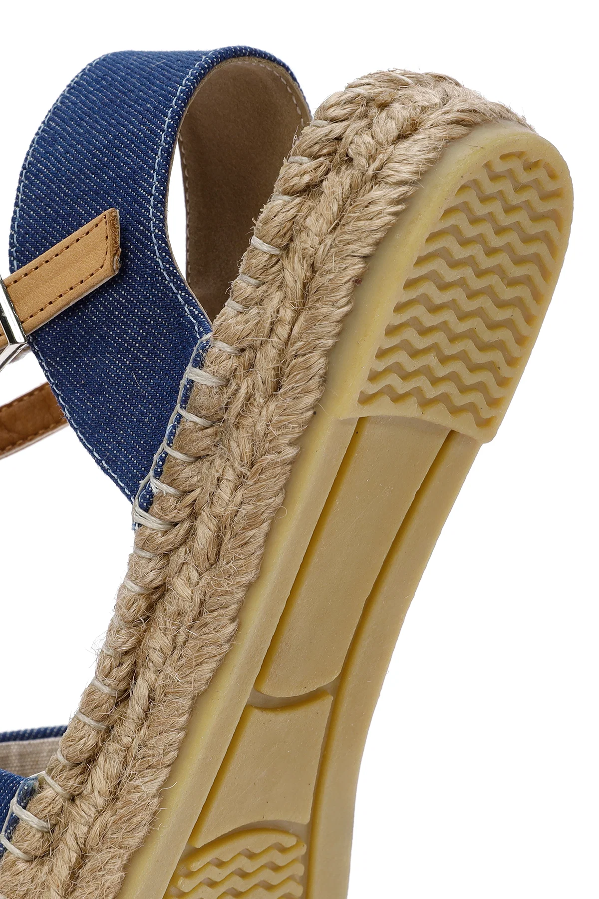 Kadın Mavi Bilekten Tokalı Jean Kumaş Taşlı Espadril Sandalet - Image 9