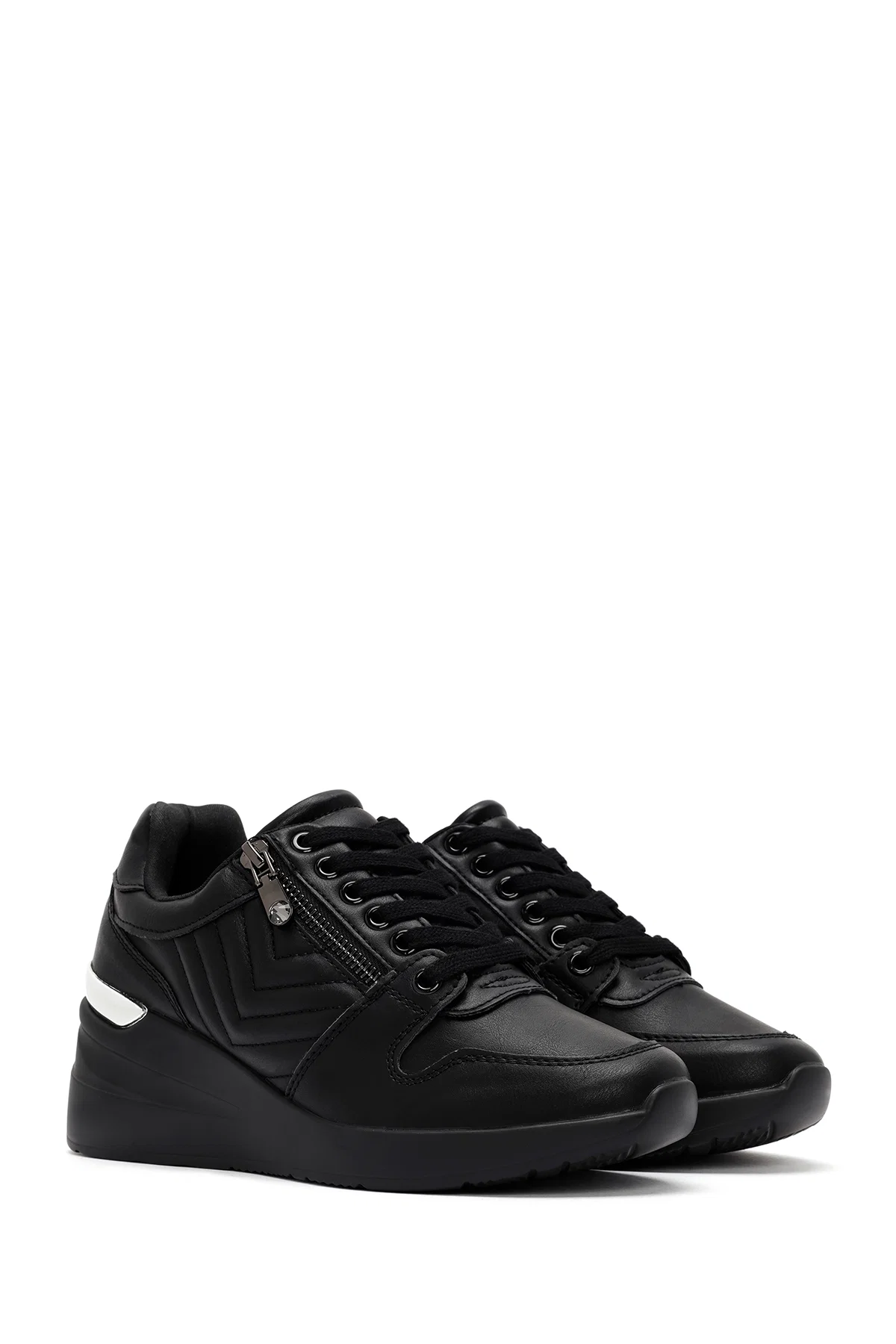 Kadın Siyah Bağcıklı Dolgu Topuklu Deri Sneaker - Image 3