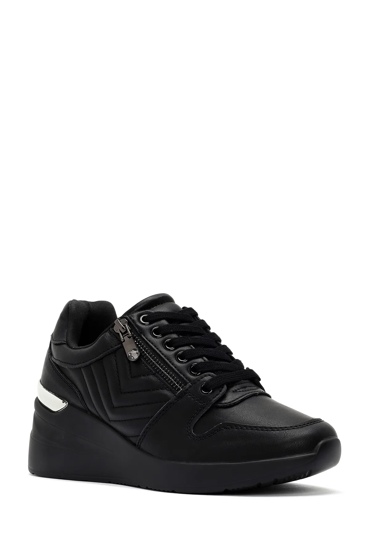 Kadın Siyah Bağcıklı Dolgu Topuklu Deri Sneaker - Image 6