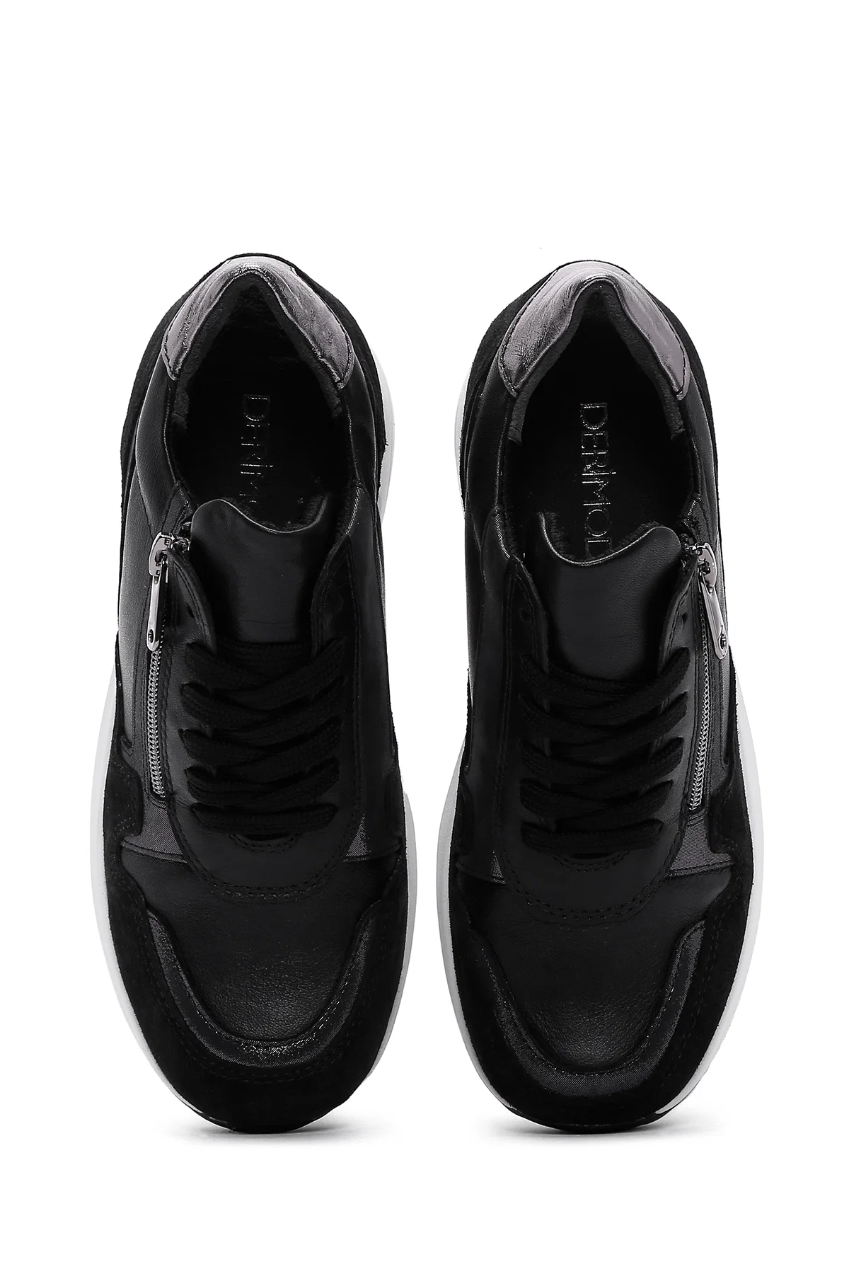 Kadın Siyah Bağcıklı Fermuar Detaylı Dolgu Topuklu Deri Sneaker - Image 6