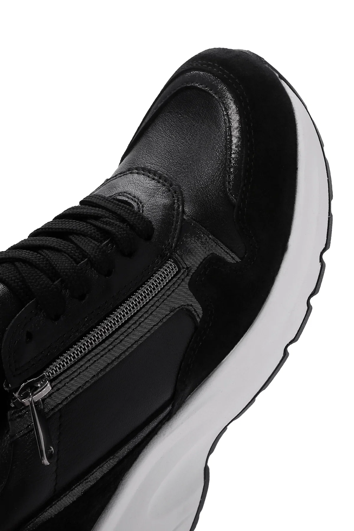 Kadın Siyah Bağcıklı Fermuar Detaylı Dolgu Topuklu Deri Sneaker - Image 9