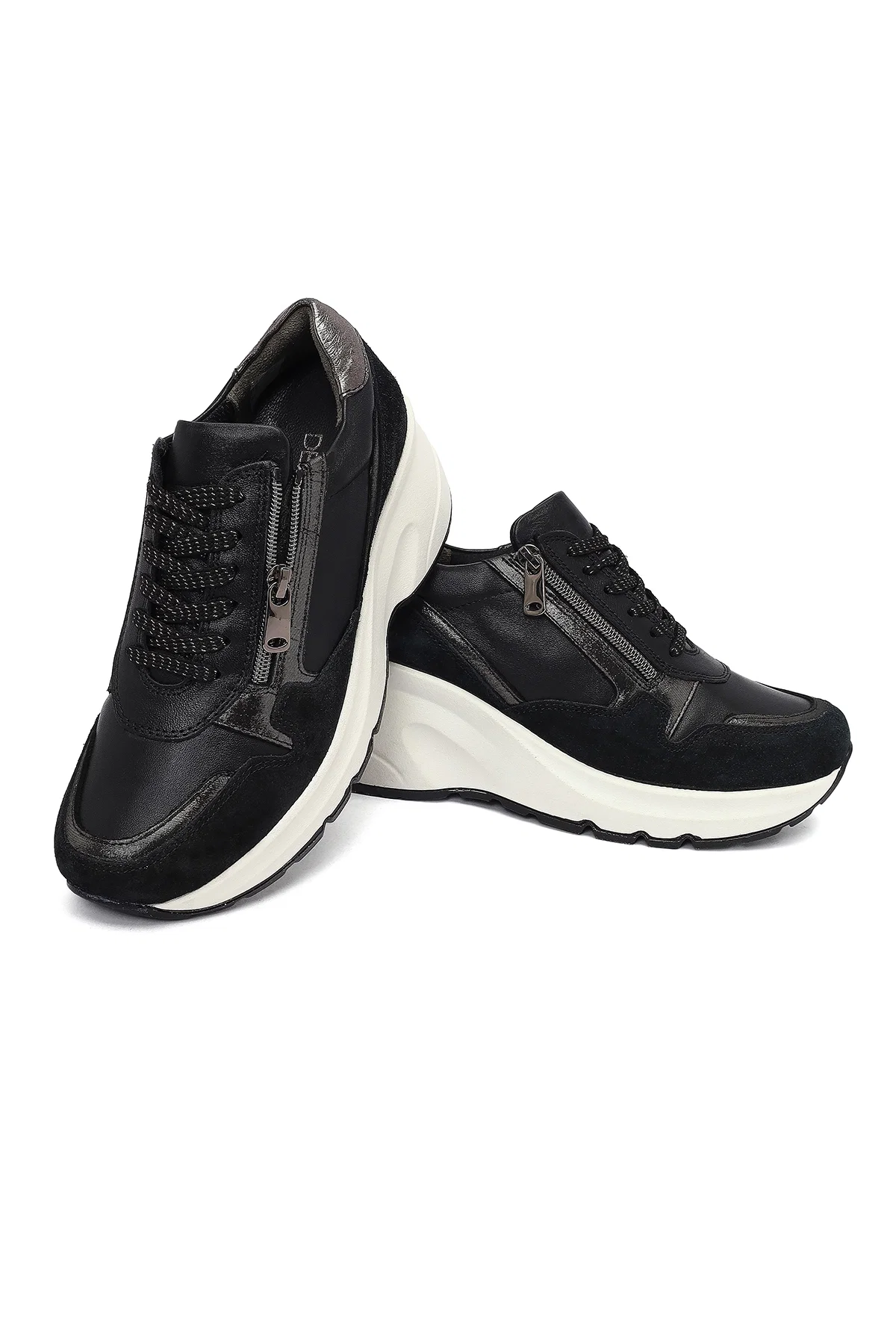 Kadın Siyah Bağcıklı Fermuar Detaylı Dolgu Topuklu Deri Sneaker - Image 12