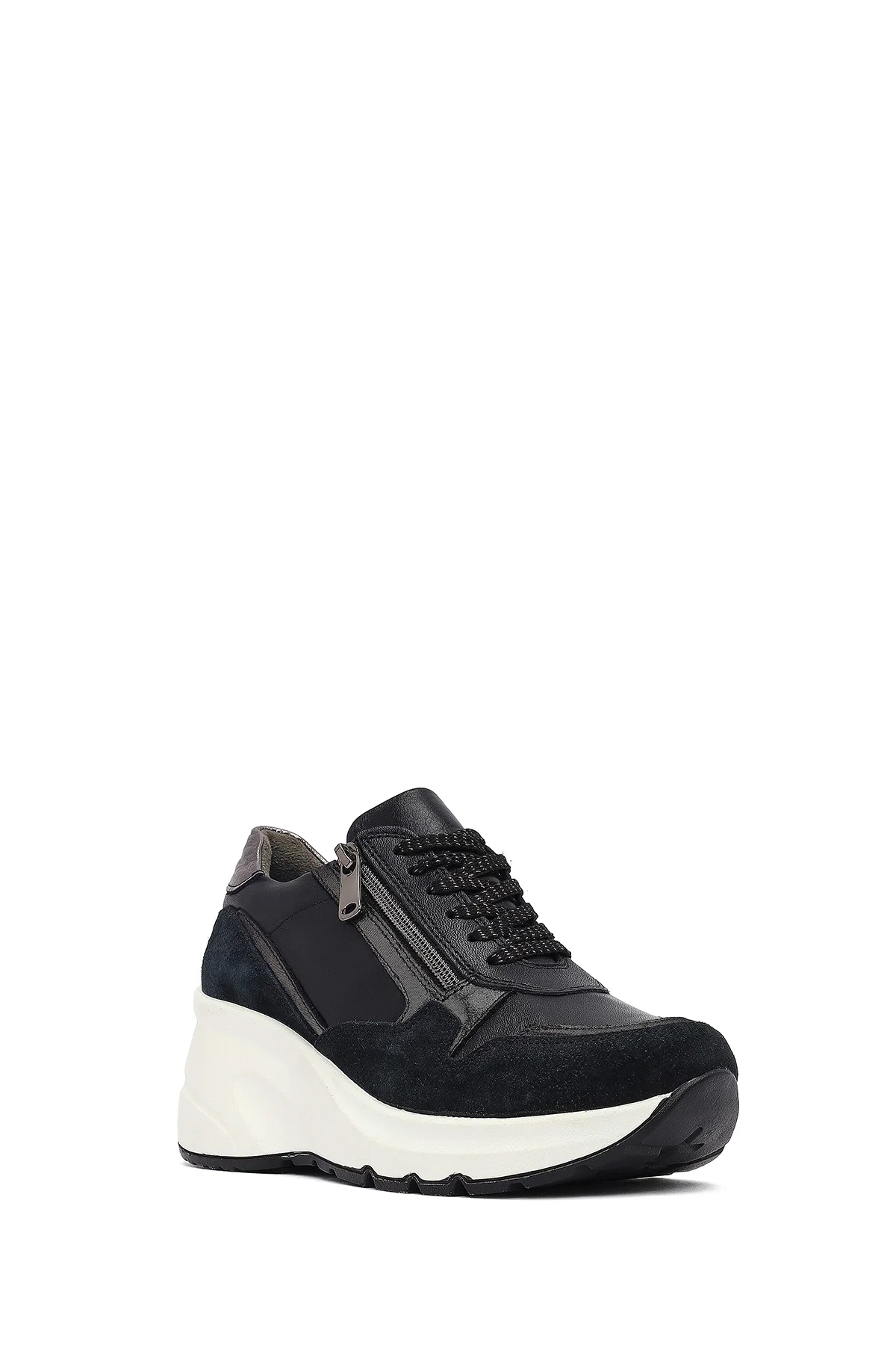 Kadın Siyah Bağcıklı Fermuar Detaylı Dolgu Topuklu Deri Sneaker - Image 6