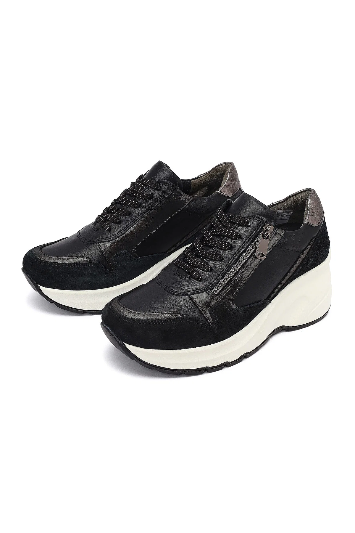 Kadın Siyah Bağcıklı Fermuar Detaylı Dolgu Topuklu Deri Sneaker - Image 9