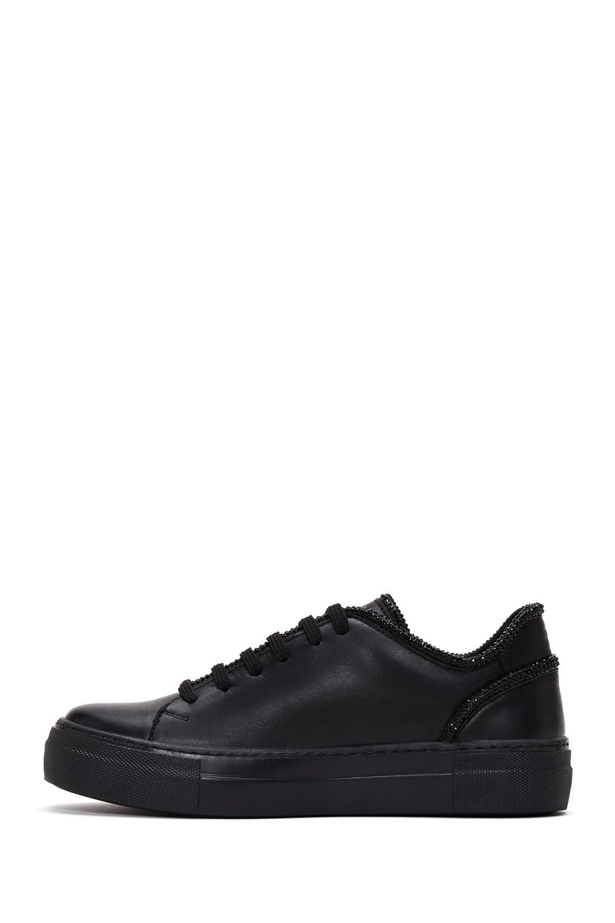 Kadın Siyah Bağcıklı Taş Detaylı Deri Sneaker - Image 2