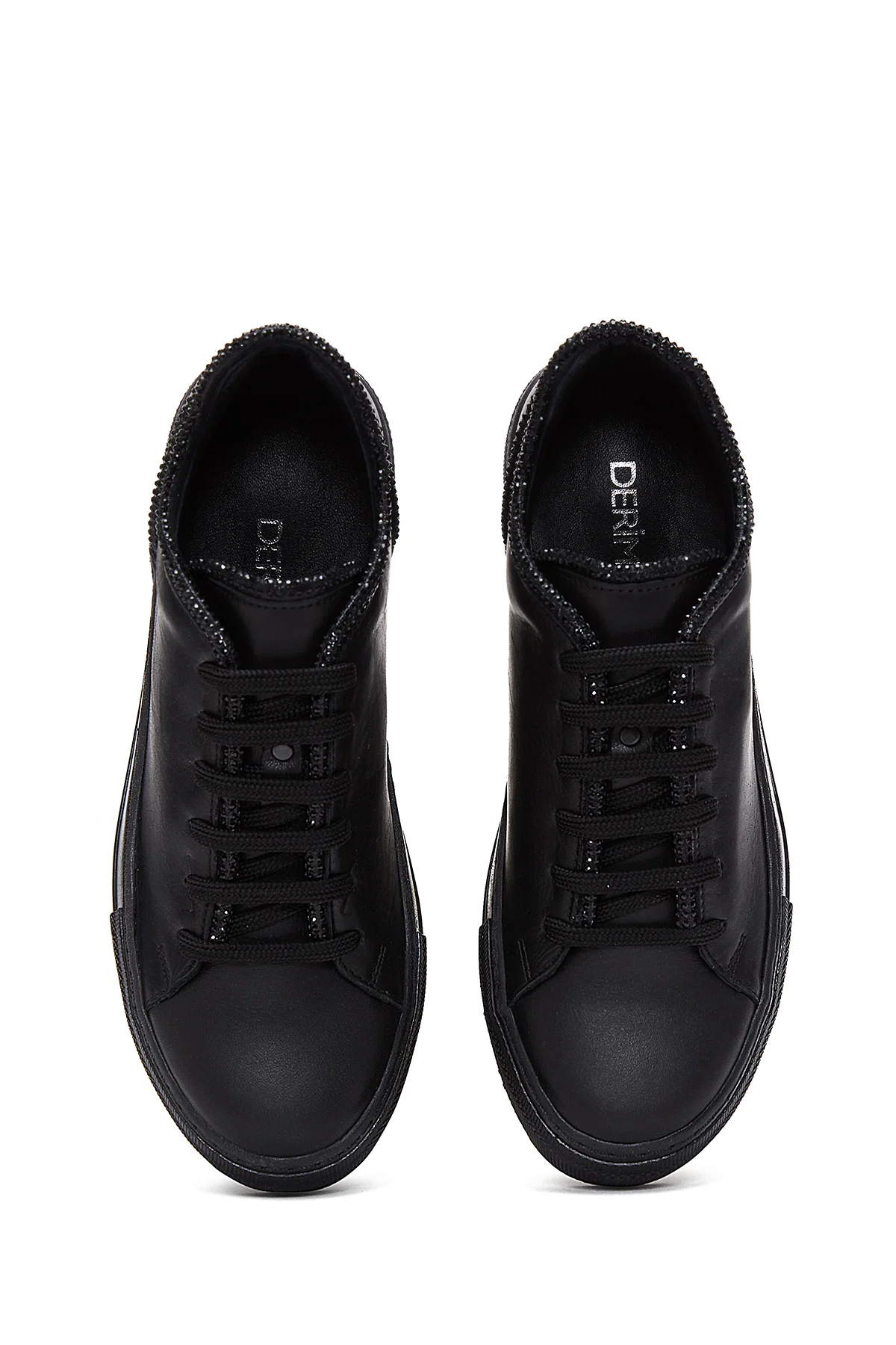 Kadın Siyah Bağcıklı Taş Detaylı Deri Sneaker - Image 6