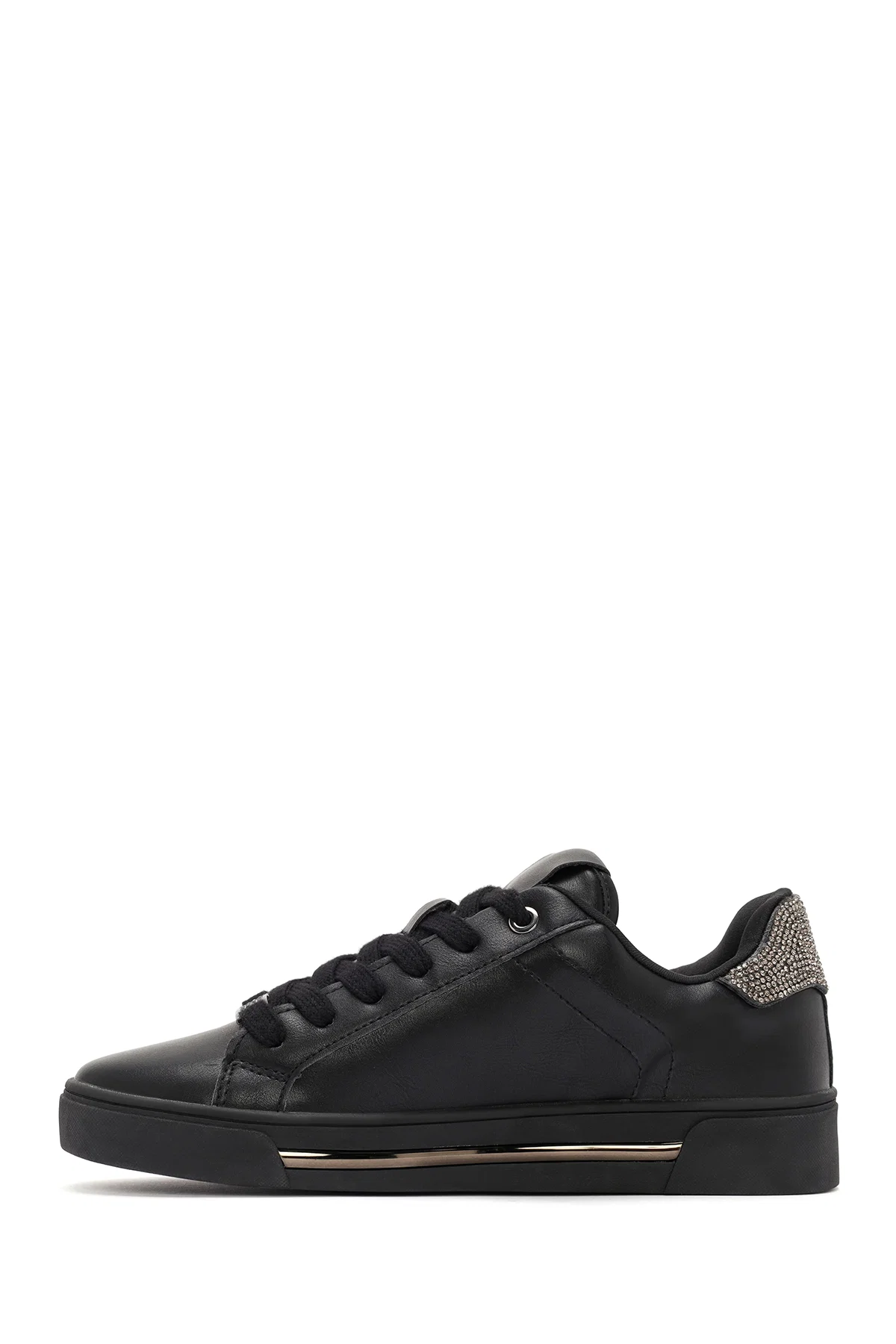 Kadın Siyah Bağcıklı Taş Detaylı Deri Sneaker - Image 2