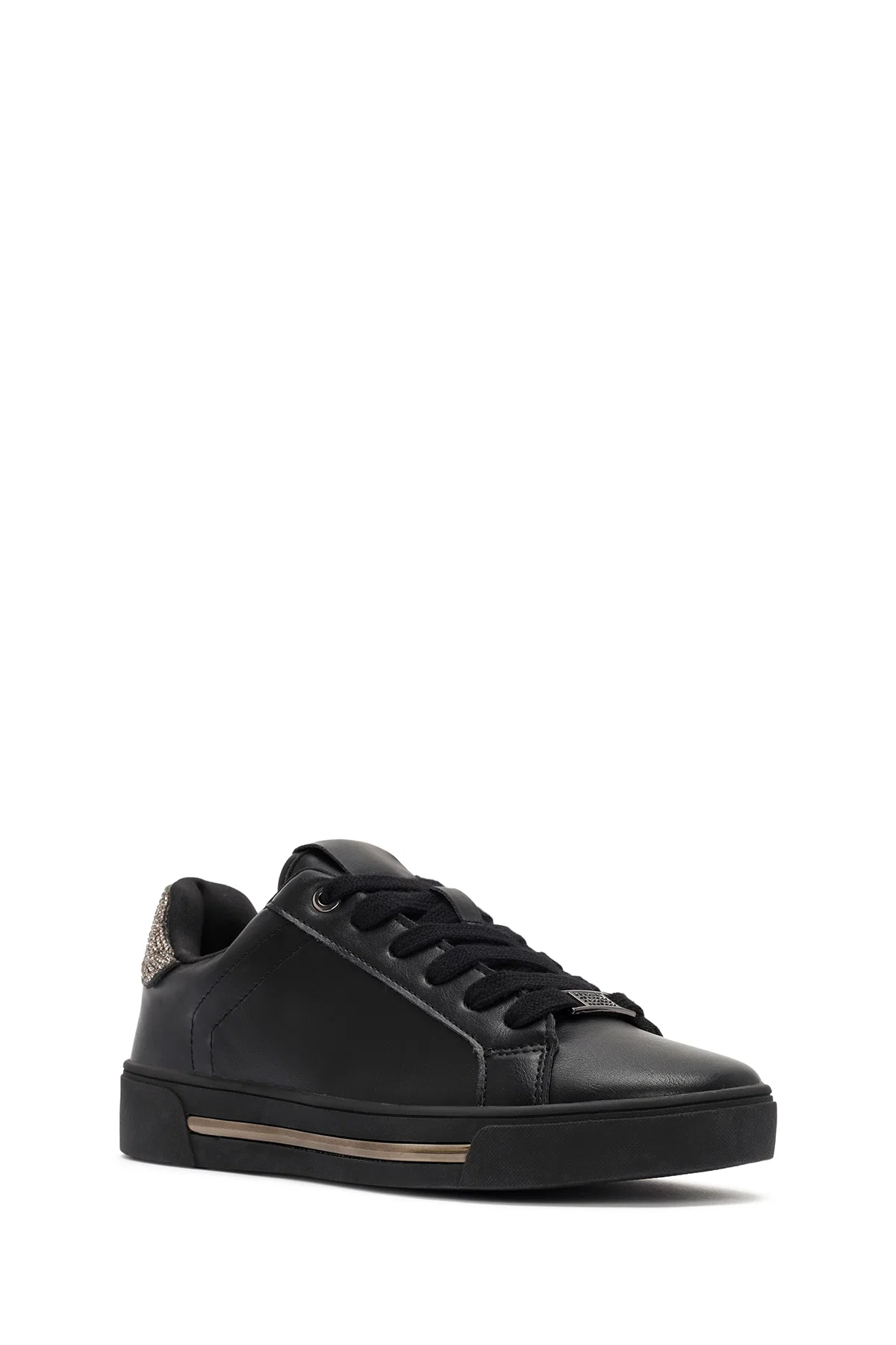 Kadın Siyah Bağcıklı Taş Detaylı Deri Sneaker - Image 6