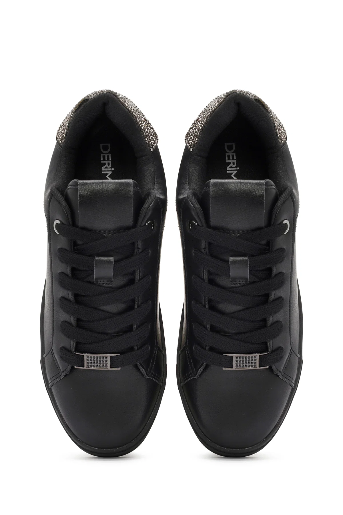 Kadın Siyah Bağcıklı Taş Detaylı Deri Sneaker - Image 7