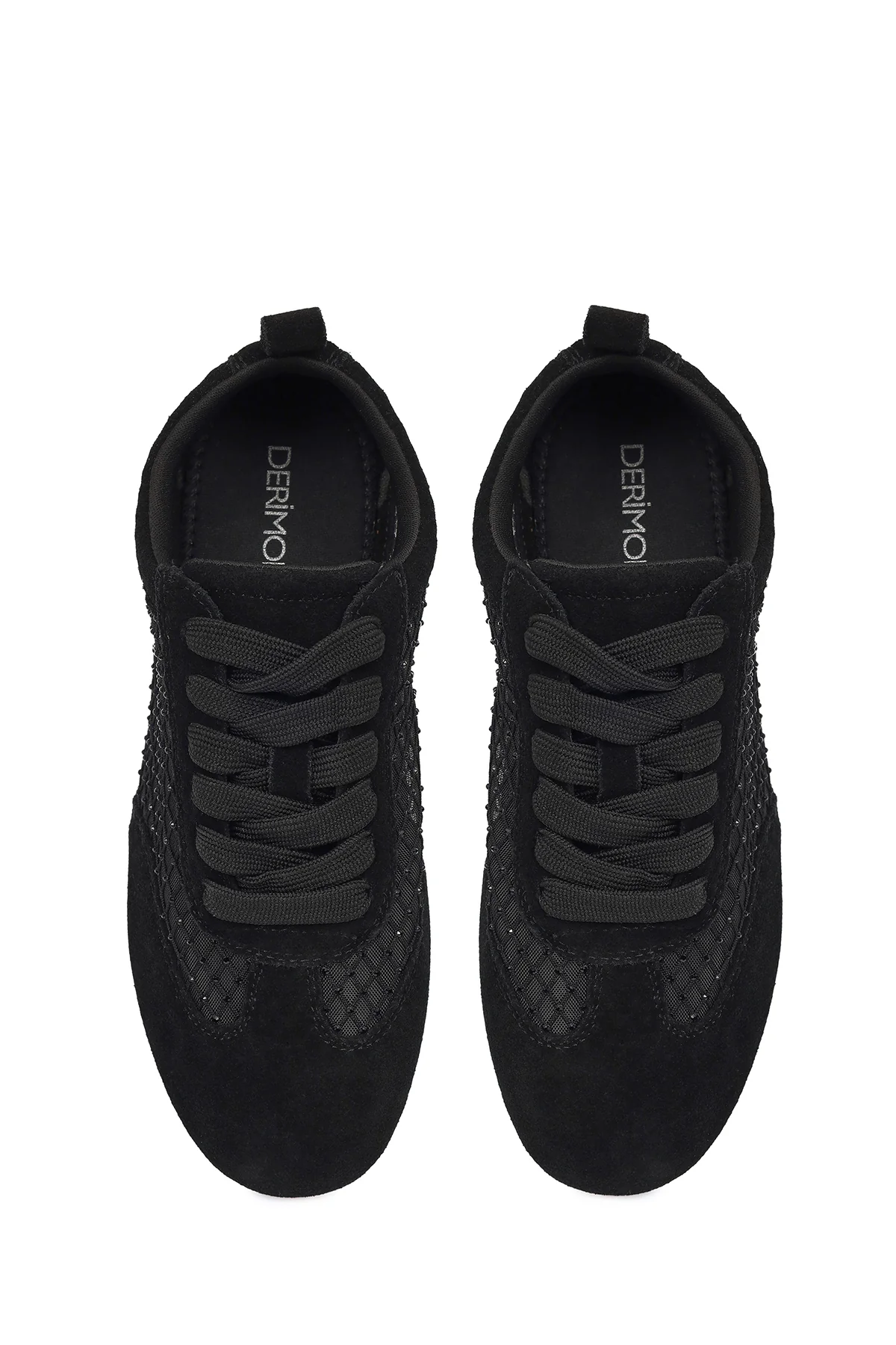 Kadın Siyah Bağcıklı Taşlı Süet Deri Sneaker - Image 4