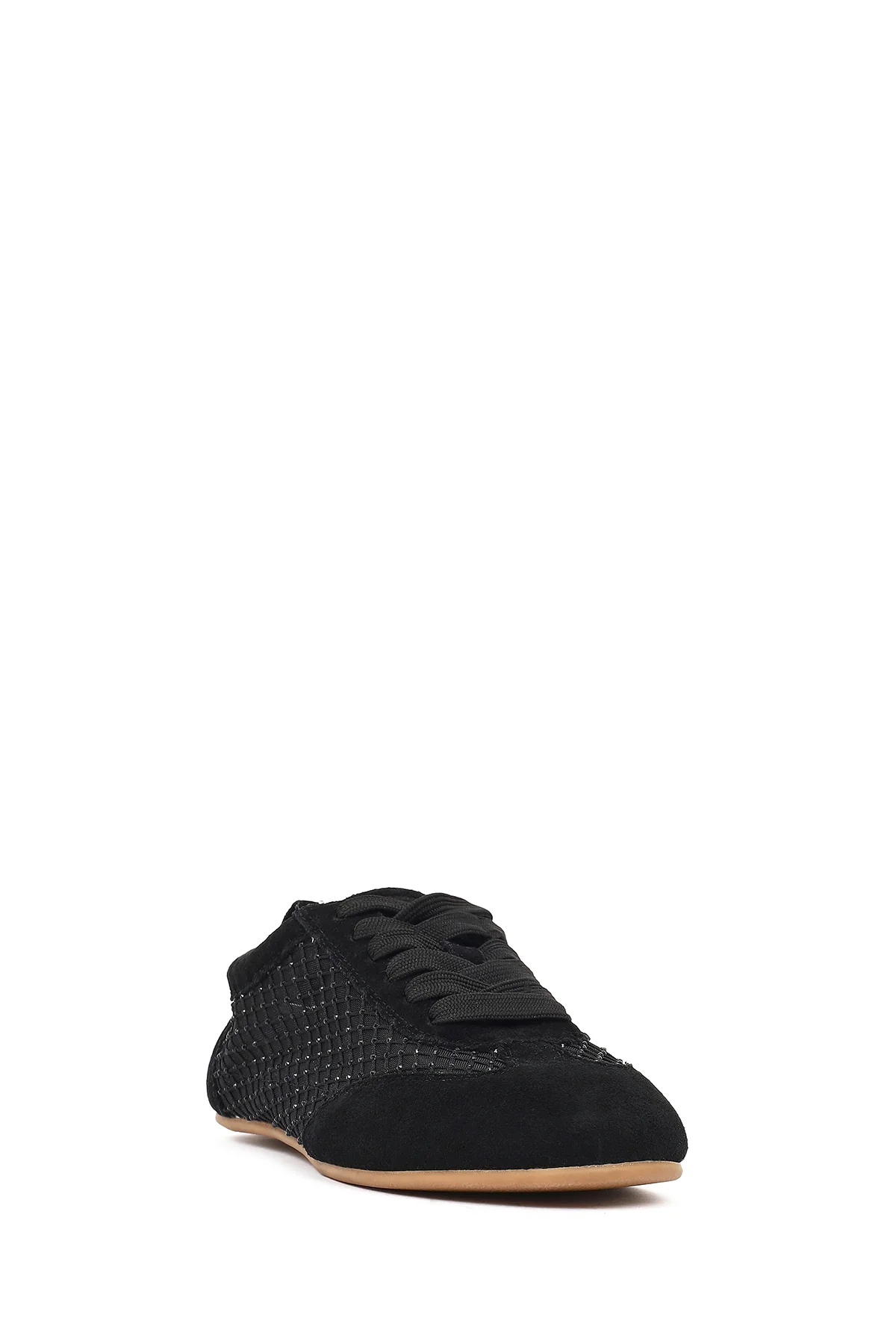 Kadın Siyah Bağcıklı Taşlı Süet Deri Sneaker - Image 7