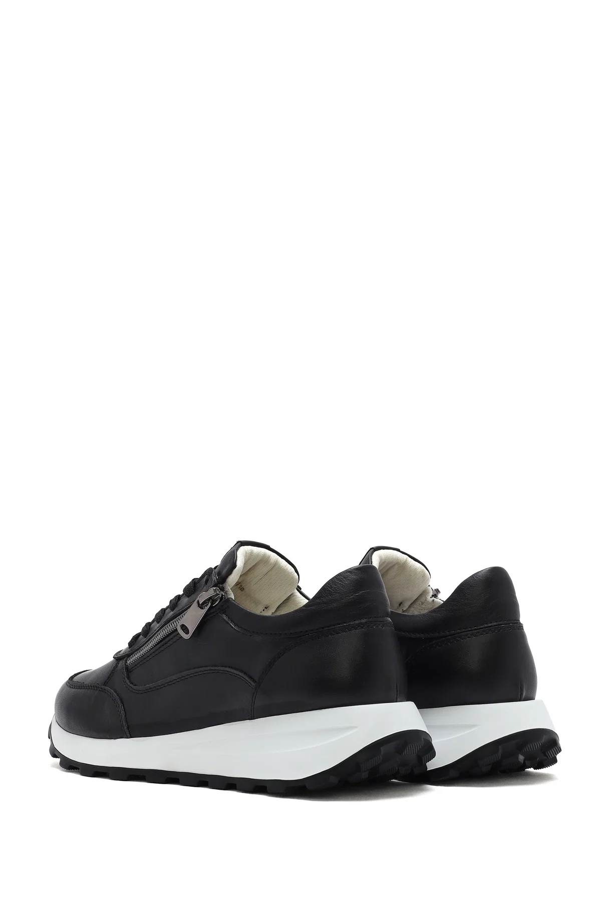 Kadın Siyah Bağcıklı Yandan Fermuarlı Deri Sneaker - Image 5