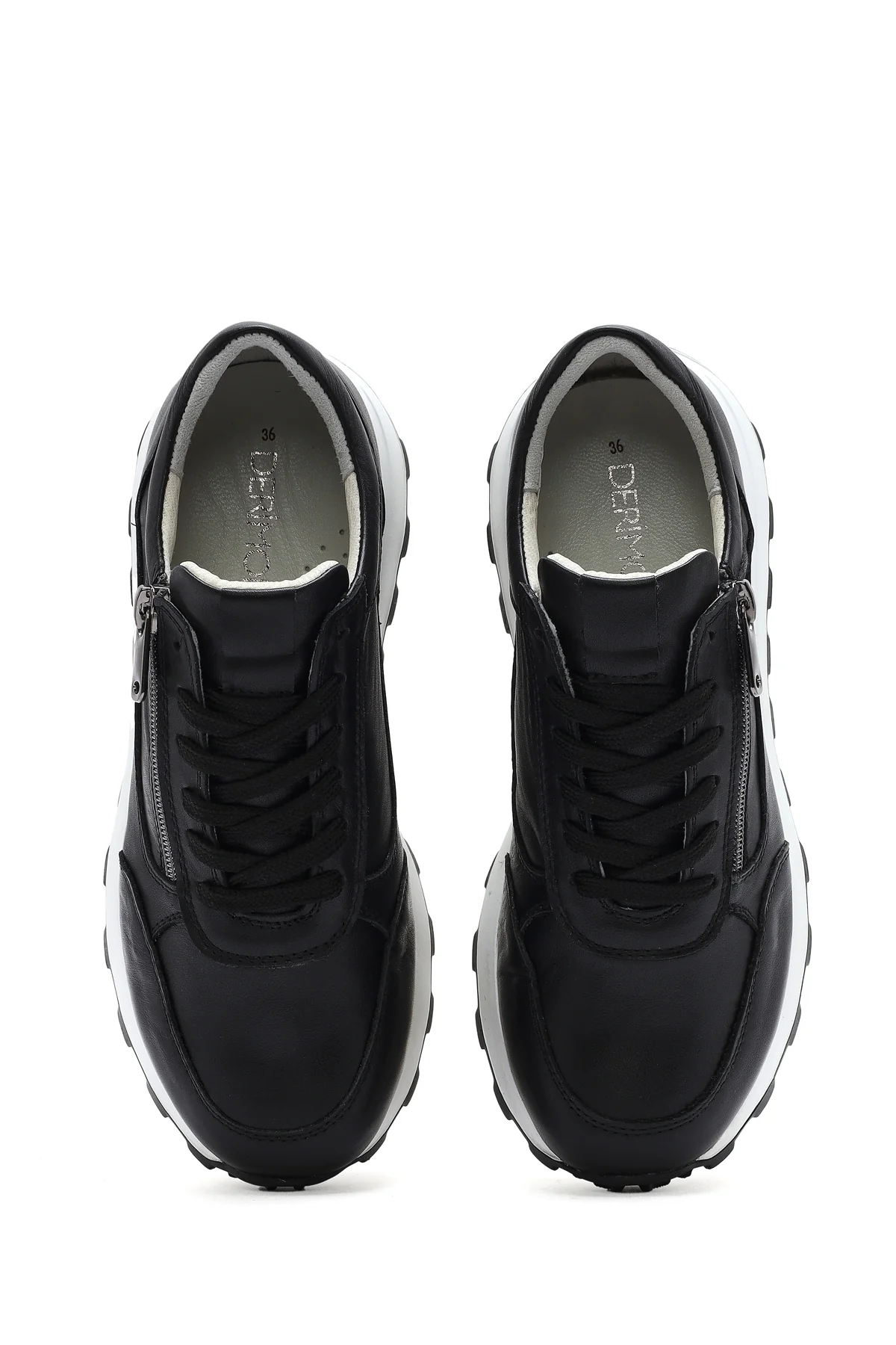 Kadın Siyah Bağcıklı Yandan Fermuarlı Deri Sneaker - Image 4