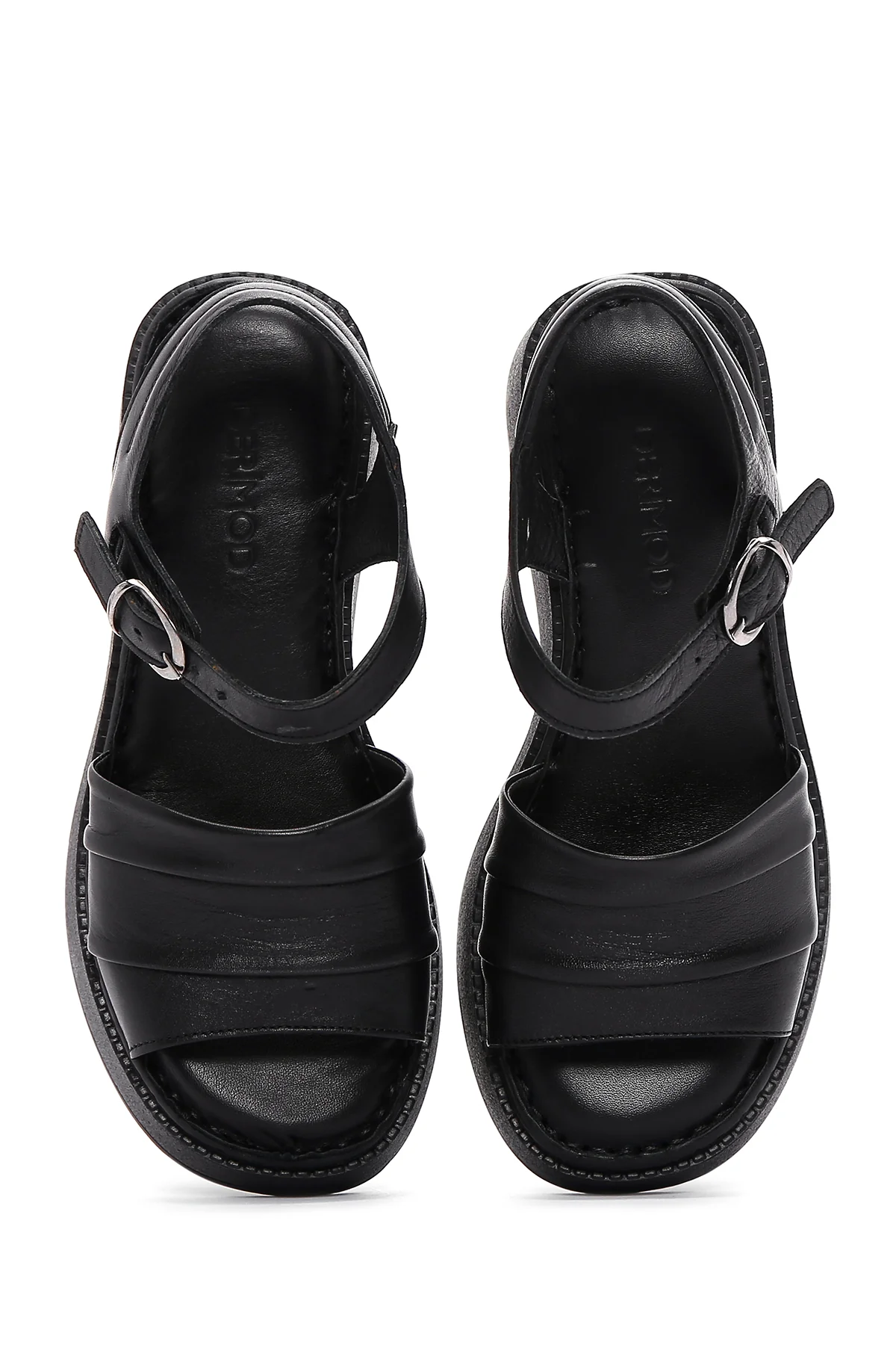 Kadın Siyah Bilekten Bantlı Dolgu Topuklu Deri Comfort Sandalet - Image 6
