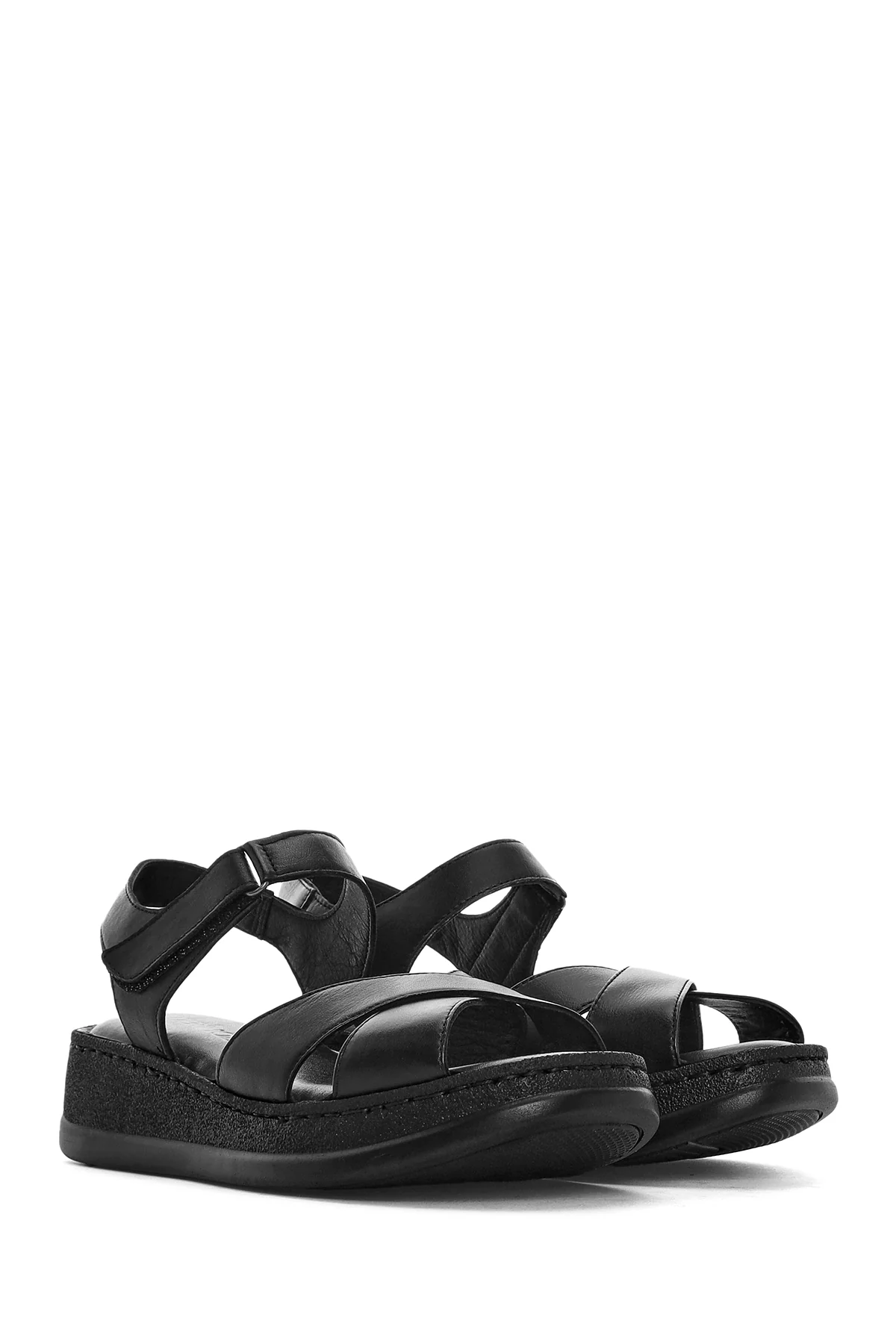 Kadın Siyah Bilekten Bantlı Kalın Tabanlı Deri Comfort Sandalet - Image 2