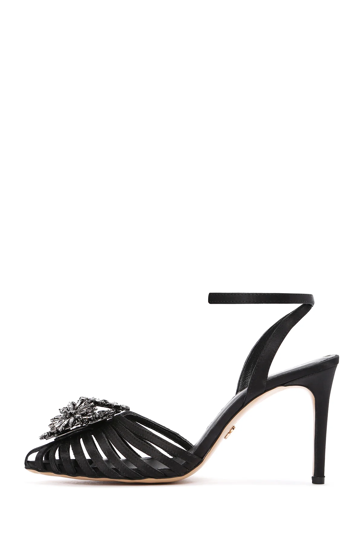 Kadın Siyah Bilekten Bantlı Taşlı İnce Topuklu Deri Stiletto - Image 3