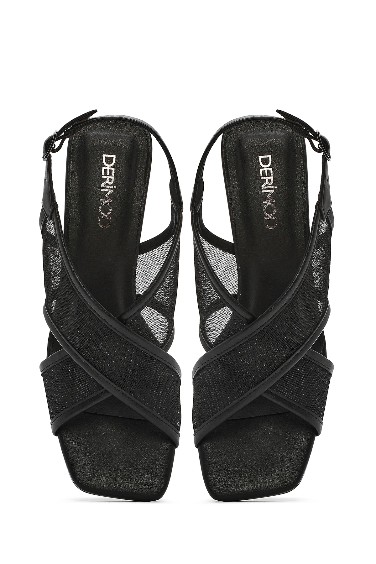 Kadın Siyah Bilekten Tokalı Kalın Topuklu Kumaş Sandalet - Image 5